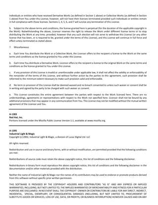 Individuals or entities who have received Derivative Works (as defined in Section 1 above) or Collective Works (as defined in Section 
1 above) from You under this License, however, will not have their licenses terminated provided such individuals or entities remain 
in full compliance with those licenses. Sections 1, 4, 5, 6, and 7 will survive any termination of this License. 
b. Subject to the above terms and conditions, the license granted here is perpetual (for the duration of the applicable copyright in 
the Work). Notwithstanding the above, Licensor reserves the right to release the Work under different license terms or to stop 
distributing the Work at any time; provided, however that any such election will not serve to withdraw this License (or any other 
license that has been, or is required to be, granted under the terms of this License), and this License will continue in full force and 
effect unless terminated as stated above. 
7. Miscellaneous 
a. Each time You distribute the Work or a Collective Work, the Licensor offers to the recipient a license to the Work on the same 
terms and conditions as the license granted to You under this License. 
b. Each time You distribute a Derivative Work, Licensor offers to the recipient a license to the original Work on the same terms and 
conditions as the license granted to You under this License. 
c. If any provision of this License is invalid or unenforceable under applicable law, it shall not affect the validity or enforceability of 
the remainder of the terms of this License, and without further action by the parties to this agreement, such provision shall be 
reformed to the minimum extent necessary to make such provision valid and enforceable. 
d. No term or provision of this License shall be deemed waived and no breach consented to unless such waiver or consent shall be 
in writing and signed by the party to be charged with such waiver or consent. 
e. This License constitutes the entire agreement between the parties with respect to the Work licensed here. There are no 
understandings, agreements or representations with respect to the Work not specified here. Licensor shall not be bound by any 
additional provisions that may appear in any communication from You. This License may not be modified without the mutual written 
agreement of the Licensor and You. 
A‐1383 
Red Hat, Inc. 
Portions licensed under the Mozilla Public License Version 1.1, available at www.mozilla.org. 
A‐1395 
Industrial Light & Magic 
Copyright (c) 2002, Industrial Light & Magic, a division of Lucas Digital Ltd. LLC 
All rights reserved. 
Redistribution and use in source and binary forms, with or without modification, are permitted provided that the following conditions 
are met: 
Redistributions of source code must retain the above copyright notice, this list of conditions and the following disclaimer. 
Redistributions in binary form must reproduce the above copyright notice, this list of conditions and the following disclaimer in the 
documentation and/or other materials provided with the distribution. 
Neither the name of Industrial Light & Magic nor the names of its contributors may be used to endorse or promote products derived 
from this software without specific prior written permission. 
THIS SOFTWARE IS PROVIDED BY THE COPYRIGHT HOLDERS AND CONTRIBUTORS "AS IS" AND ANY EXPRESS OR IMPLIED 
WARRANTIES, INCLUDING, BUT NOT LIMITED TO, THE IMPLIED WARRANTIES OF MERCHANTABILITY AND FITNESS FOR A PARTICULAR 
PURPOSE ARE DISCLAIMED. IN NO EVENT SHALL THE COPYRIGHT OWNER OR CONTRIBUTORS BE LIABLE FOR ANY DIRECT, INDIRECT, 
INCIDENTAL, SPECIAL, EXEMPLARY, OR CONSEQUENTIAL DAMAGES (INCLUDING, BUT NOT LIMITED TO, PROCUREMENT OF 
SUBSTITUTE GOODS OR SERVICES; LOSS OF USE, DATA, OR PROFITS; OR BUSINESS INTERRUPTION) HOWEVER CAUSED AND ON ANY 
 