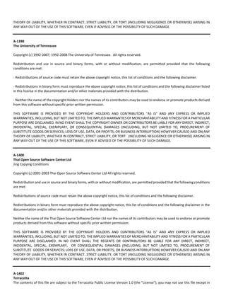 THEORY OF LIABILITY, WHETHER IN CONTRACT, STRICT LIABILITY, OR TORT (INCLUDING NEGLIGENCE OR OTHERWISE) ARISING IN 
ANY WAY OUT OF THE USE OF THIS SOFTWARE, EVEN IF ADVISED OF THE POSSIBILITY OF SUCH DAMAGE. 
A‐1398 
The University of Tennessee 
Copyright (c) 1992‐2007, 1992‐2008 The University of Tennessee. All rights reserved. 
Redistribution and use in source and binary forms, with or without modification, are permitted provided that the following 
conditions are met: 
‐ Redistributions of source code must retain the above copyright notice, this list of conditions and the following disclaimer. 
‐ Redistributions in binary form must reproduce the above copyright notice, this list of conditions and the following disclaimer listed 
in this license in the documentation and/or other materials provided with the distribution. 
‐ Neither the name of the copyright holders nor the names of its contributors may be used to endorse or promote products derived 
from this software without specific prior written permission. 
THIS SOFTWARE IS PROVIDED BY THE COPYRIGHT HOLDERS AND CONTRIBUTORS "AS IS" AND ANY EXPRESS OR IMPLIED 
WARRANTIES, INCLUDING, BUT NOT LIMITED TO, THE IMPLIED WARRANTIES OF MERCHANTABILITY AND FITNESS FOR A PARTICULAR 
PURPOSE ARE DISCLAIMED. IN NO EVENT SHALL THE COPYRIGHT OWNER OR CONTRIBUTORS BE LIABLE FOR ANY DIRECT, INDIRECT, 
INCIDENTAL, SPECIAL, EXEMPLARY, OR CONSEQUENTIAL DAMAGES (INCLUDING, BUT NOT LIMITED TO, PROCUREMENT OF 
SUBSTITUTE GOODS OR SERVICES; LOSS OF USE, DATA, OR PROFITS; OR BUSINESS INTERRUPTION) HOWEVER CAUSED AND ON ANY 
THEORY OF LIABILITY, WHETHER IN CONTRACT, STRICT LIABILITY, OR TORT (INCLUDING NEGLIGENCE OR OTHERWISE) ARISING IN 
ANY WAY OUT OF THE USE OF THIS SOFTWARE, EVEN IF ADVISED OF THE POSSIBILITY OF SUCH DAMAGE. 
A‐1400 
Thai Open Source Software Center Ltd 
Jing Copying Conditions 
Copyright (c) 2001‐2003 Thai Open Source Software Center Ltd All rights reserved. 
Redistribution and use in source and binary forms, with or without modification, are permitted provided that the following conditions 
are met: 
Redistributions of source code must retain the above copyright notice, this list of conditions and the following disclaimer. 
Redistributions in binary form must reproduce the above copyright notice, this list of conditions and the following disclaimer in the 
documentation and/or other materials provided with the distribution. 
Neither the name of the Thai Open Source Software Center Ltd nor the names of its contributors may be used to endorse or promote 
products derived from this software without specific prior written permission. 
THIS SOFTWARE IS PROVIDED BY THE COPYRIGHT HOLDERS AND CONTRIBUTORS "AS IS" AND ANY EXPRESS OR IMPLIED 
WARRANTIES, INCLUDING, BUT NOT LIMITED TO, THE IMPLIED WARRANTIES OF MERCHANTABILITY AND FITNESS FOR A PARTICULAR 
PURPOSE ARE DISCLAIMED. IN NO EVENT SHALL THE REGENTS OR CONTRIBUTORS BE LIABLE FOR ANY DIRECT, INDIRECT, 
INCIDENTAL, SPECIAL, EXEMPLARY, OR CONSEQUENTIAL DAMAGES (INCLUDING, BUT NOT LIMITED TO, PROCUREMENT OF 
SUBSTITUTE GOODS OR SERVICES; LOSS OF USE, DATA, OR PROFITS; OR BUSINESS INTERRUPTION) HOWEVER CAUSED AND ON ANY 
THEORY OF LIABILITY, WHETHER IN CONTRACT, STRICT LIABILITY, OR TORT (INCLUDING NEGLIGENCE OR OTHERWISE) ARISING IN 
ANY WAY OUT OF THE USE OF THIS SOFTWARE, EVEN IF ADVISED OF THE POSSIBILITY OF SUCH DAMAGE. 
A‐1402 
Terracotta 
The contents of this file are subject to the Terracotta Public License Version 1.0 (the "License"); you may not use this file except in 
 
