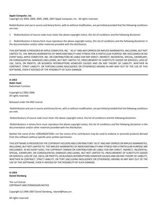 Apple Computer, Inc. 
Copyright (C) 2003, 2004, 2005, 2006, 2007 Apple Computer, Inc. All rights reserved. 
Redistribution and use in source and binary forms, with or without modification, are permitted provided that the following conditions 
are met: 
1. Redistributions of source code must retain the above copyright notice, this list of conditions and the following disclaimer. 
2. Redistributions in binary form must reproduce the above copyright notice, this list of conditions and the following disclaimer in 
the documentation and/or other materials provided with the distribution. 
THIS SOFTWARE IS PROVIDED BY APPLE COMPUTER, INC. ``AS IS'' AND ANY EXPRESS OR IMPLIED WARRANTIES, INCLUDING, BUT NOT 
LIMITED TO, THE IMPLIED WARRANTIES OF MERCHANTABILITY AND FITNESS FOR A PARTICULAR PURPOSE ARE DISCLAIMED.IN NO 
EVENT SHALL APPLE COMPUTER, INC. OR CONTRIBUTORS BE LIABLE FOR ANY DIRECT, INDIRECT, INCIDENTAL, SPECIAL, EXEMPLARY, 
OR CONSEQUENTIAL DAMAGES (INCLUDING, BUT NOT LIMITED TO, PROCUREMENT OF SUBSTITUTE GOODS OR SERVICES; LOSS OF 
USE, DATA, OR PROFITS; OR BUSINESS INTERRUPTION) HOWEVER CAUSED AND ON ANY THEORY OF LIABILITY, WHETHER IN 
CONTRACT, STRICT LIABILITY, OR TORT(INCLUDING NEGLIGENCE OR OTHERWISE) ARISING IN ANY WAY OUT OF THE USE OF THIS 
SOFTWARE, EVEN IF ADVISED OF THE POSSIBILITY OF SUCH DAMAGE. 
A‐1453 
Rabin Hash 
RobinHash Function 
Copyright (c) 2002‐2006 
All rights reserved. 
Released under the BSD License 
‐Redistribution and use in source and binary forms, with or without modification, are permitted provided that the following conditions 
are met: 
‐Redistributions of source code must retain the above copyright notice, this list of conditions and the following disclaimer. 
‐Redistributions in binary form must reproduce the above copyright notice, this list of conditions and the following disclaimer in the 
documentation and/or other materials provided with the distribution. 
Neither the name of the <ORGANIZATION> nor the names of its contributors may be used to endorse or promote products derived 
from this software without specific prior written permission. 
THIS SOFTWARE IS PROVIDED BY THE COPYRIGHT HOLDERS AND CONTRIBUTORS "AS IS" AND ANY EXPRESS OR IMPLIED WARRANTIES, 
INCLUDING, BUT NOT LIMITED TO, THE IMPLIED WARRANTIES OF MERCHANTABILITY AND FITNESS FOR A PARTICULAR PURPOSE ARE 
DISCLAIMED. IN NO EVENT SHALL THE COPYRIGHT OWNER OR CONTRIBUTORS BE LIABLE FOR ANY DIRECT, INDIRECT, INCIDENTAL, 
SPECIAL, EXEMPLARY, OR CONSEQUENTIAL DAMAGES (INCLUDING, BUT NOT LIMITED TO, PROCUREMENT OF SUBSTITUTE GOODS 
OR SERVICES; LOSS OF USE, DATA, OR PROFITS; OR BUSINESS INTERRUPTION) HOWEVER CAUSED AND ON ANY THEORY OF LIABILITY, 
WHETHER IN CONTRACT, STRICT LIABILITY, OR TORT (INCLUDING NEGLIGENCE OR OTHERWISE) ARISING IN ANY WAY OUT OF THE 
USE OF THIS SOFTWARE, EVEN IF ADVISED OF THE POSSIBILITY OF SUCH DAMAGE. 
A‐1454 
Daniel Stenberg 
The curl license 
COPYRIGHT AND PERMISSION NOTICE 
Copyright (c) 1996‐2007 Daniel Stenberg, <daniel@haxx.se>. 
All rights reserved. 
 