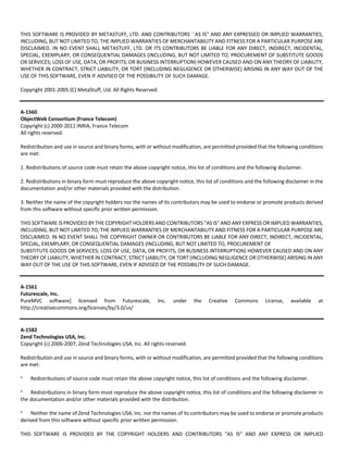 THIS SOFTWARE IS PROVIDED BY METASTUFF, LTD. AND CONTRIBUTORS ``AS IS'' AND ANY EXPRESSED OR IMPLIED WARRANTIES, 
INCLUDING, BUT NOT LIMITED TO, THE IMPLIED WARRANTIES OF MERCHANTABILITY AND FITNESS FOR A PARTICULAR PURPOSE ARE 
DISCLAIMED. IN NO EVENT SHALL METASTUFF, LTD. OR ITS CONTRIBUTORS BE LIABLE FOR ANY DIRECT, INDIRECT, INCIDENTAL, 
SPECIAL, EXEMPLARY, OR CONSEQUENTIAL DAMAGES (INCLUDING, BUT NOT LIMITED TO, PROCUREMENT OF SUBSTITUTE GOODS 
OR SERVICES; LOSS OF USE, DATA, OR PROFITS; OR BUSINESS INTERRUPTION) HOWEVER CAUSED AND ON ANY THEORY OF LIABILITY, 
WHETHER IN CONTRACT, STRICT LIABILITY, OR TORT (INCLUDING NEGLIGENCE OR OTHERWISE) ARISING IN ANY WAY OUT OF THE 
USE OF THIS SOFTWARE, EVEN IF ADVISED OF THE POSSIBILITY OF SUCH DAMAGE. 
Copyright 2001‐2005 (C) MetaStuff, Ltd. All Rights Reserved. 
A‐1560 
ObjectWeb Consortium (France Telecom) 
Copyright (c) 2000‐2011 INRIA, France Telecom 
All rights reserved. 
Redistribution and use in source and binary forms, with or without modification, are permitted provided that the following conditions 
are met: 
1. Redistributions of source code must retain the above copyright notice, this list of conditions and the following disclaimer. 
2. Redistributions in binary form must reproduce the above copyright notice, this list of conditions and the following disclaimer in the 
documentation and/or other materials provided with the distribution. 
3. Neither the name of the copyright holders nor the names of its contributors may be used to endorse or promote products derived 
from this software without specific prior written permission. 
THIS SOFTWARE IS PROVIDED BY THE COPYRIGHT HOLDERS AND CONTRIBUTORS "AS IS" AND ANY EXPRESS OR IMPLIED WARRANTIES, 
INCLUDING, BUT NOT LIMITED TO, THE IMPLIED WARRANTIES OF MERCHANTABILITY AND FITNESS FOR A PARTICULAR PURPOSE ARE 
DISCLAIMED. IN NO EVENT SHALL THE COPYRIGHT OWNER OR CONTRIBUTORS BE LIABLE FOR ANY DIRECT, INDIRECT, INCIDENTAL, 
SPECIAL, EXEMPLARY, OR CONSEQUENTIAL DAMAGES (INCLUDING, BUT NOT LIMITED TO, PROCUREMENT OF 
SUBSTITUTE GOODS OR SERVICES; LOSS OF USE, DATA, OR PROFITS; OR BUSINESS INTERRUPTION) HOWEVER CAUSED AND ON ANY 
THEORY OF LIABILITY, WHETHER IN CONTRACT, STRICT LIABILITY, OR TORT (INCLUDING NEGLIGENCE OR OTHERWISE) ARISING IN ANY 
WAY OUT OF THE USE OF THIS SOFTWARE, EVEN IF ADVISED OF THE POSSIBILITY OF SUCH DAMAGE. 
A‐1561 
Futurescale, Inc. 
PureMVC software] licensed from Futurescale, Inc. under the Creative Commons License, available at 
http://creativecommons.org/licenses/by/3.0/us/ 
A‐1582 
Zend Technologies USA, Inc. 
Copyright (c) 2006‐2007, Zend Technologies USA, Inc. All rights reserved. 
Redistribution and use in source and binary forms, with or without modification, are permitted provided that the following conditions 
are met: 
* Redistributions of source code must retain the above copyright notice, this list of conditions and the following disclaimer. 
* Redistributions in binary form must reproduce the above copyright notice, this list of conditions and the following disclaimer in 
the documentation and/or other materials provided with the distribution. 
* Neither the name of Zend Technologies USA, Inc. nor the names of its contributors may be used to endorse or promote products 
derived from this software without specific prior written permission. 
THIS SOFTWARE IS PROVIDED BY THE COPYRIGHT HOLDERS AND CONTRIBUTORS "AS IS" AND ANY EXPRESS OR IMPLIED 
 