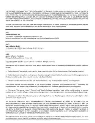 THE SOFTWARE IS PROVIDED "AS IS", WITHOUT WARRANTY OF ANY KIND, EXPRESS OR IMPLIED, INCLUDING BUT NOT LIMITED TO 
THE WARRANTIES OF MERCHANTABILITY, FITNESS FOR A PARTICULAR PURPOSE AND NONINFRINGEMENT OF THIRD PARTY RIGHTS. 
IN NO EVENT SHALL THE COPYRIGHT HOLDER ORHOLDERS INCLUDED IN THIS NOTICE BE LIABLE FOR ANY CLAIM, OR ANY SPECIAL 
INDIRECT OR CONSEQUENTIAL DAMAGES, OR ANY DAMAGES WHATSOEVER RESULTING FROM LOSS OF USE, DATA OR PROFITS, 
WHETHER IN AN ACTION OF CONTRACT, NEGLIGENCE OR OTHER TORTIOUS ACTION, ARISING OUT OF OR IN CONNECTION WITH THE 
USE OR PERFORMANCE OF THIS SOFTWARE. 
Except as contained in this notice, the name of a copyright holder shall not be used in advertising or otherwise to promote the sale, 
use or other dealings in this Software without prior written authorization of the copyright holder. 
A‐177 
Sun Microsystems, Inc. 
This product includes code licensed from RSA Security, Inc. 
Some portions licensed from IBM are available at http://oss.software.ibm.com/icu4j/. 
A‐179 
Spectral Design GmbH 
Portions copyright 2003 by Spectral Design GmbH, Germany. 
A‐183 
Apache Software Foundation 
The Apache Software License, Version 1.1 
Copyright (c) 1999‐2001 The Apache Software Foundation. All rights reserved. 
Redistribution and use in source and binary forms, with or without modification, are permitted provided that the following conditions 
are met: 
1. Redistributions of source code must retain the above copyright notice, this list of conditions and the following disclaimer. 
2. Redistributions in binary form must reproduce the above copyright notice, this list of conditions and the following disclaimer in 
the documentation and/or other materials provided with the distribution. 
3. The end‐user documentation included with the redistribution, if any, must include the following acknowlegement: 
"This product includes software developed by the Apache Software Foundation (http://www.apache.org/)." Alternately, this 
acknowlegement may appear in the software itself, if and wherever such third‐party acknowlegements normally appear. 
4. The names "The Jakarta Project", "Tomcat", and "Apache Software Foundation" must not be used to endorse or promote 
products derived from this software without prior written permission. For written permission, please contact apache@apache.org. 
5. Products derived from this software may not be called "Apache" nor may "Apache" appear in their names without prior written 
permission of the Apache Group. 
THIS SOFTWARE IS PROVIDED ``AS IS'' AND ANY EXPRESSED OR IMPLIED WARRANTIES, INCLUDING, BUT NOT LIMITED TO, THE 
IMPLIED WARRANTIES OF MERCHANTABILITY AND FITNESS FOR A PARTICULAR PURPOSE ARE DISCLAIMED. IN NO EVENT SHALL THE 
APACHE SOFTWARE FOUNDATION OR ITS CONTRIBUTORS BE LIABLE FOR ANY DIRECT, INDIRECT, INCIDENTAL, SPECIAL, EXEMPLARY, 
OR CONSEQUENTIAL DAMAGES (INCLUDING, BUT NOT LIMITED TO, PROCUREMENT OF SUBSTITUTE GOODS OR SERVICES; LOSS OF 
USE, DATA, OR PROFITS; OR BUSINESS INTERRUPTION) HOWEVER CAUSED AND ON ANY THEORY OF LIABILITY, WHETHER IN 
CONTRACT, STRICT LIABILITY, OR TORT (INCLUDING NEGLIGENCE OR OTHERWISE) ARISING IN ANY WAY OUT OF THE USE OF THIS 
SOFTWARE, EVEN IF ADVISED OF THE POSSIBILITY OF SUCH DAMAGE. 
This software consists of voluntary contributions made by many individuals on behalf of the Apache Software Foundation. For more 
information on the Apache Software Foundation, please see <http://www.apache.org/>. 
 