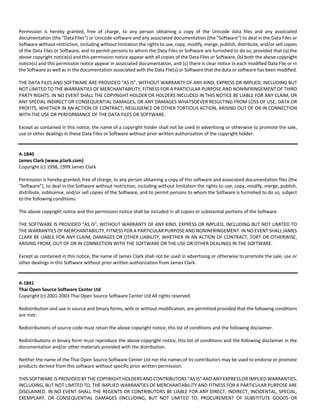Permission is hereby granted, free of charge, to any person obtaining a copy of the Unicode data files and any associated 
documentation (the "Data Files") or Unicode software and any associated documentation (the "Software") to deal in the Data Files or 
Software without restriction, including without limitation the rights to use, copy, modify, merge, publish, distribute, and/or sell copies 
of the Data Files or Software, and to permit persons to whom the Data Files or Software are furnished to do so, provided that (a) the 
above copyright notice(s) and this permission notice appear with all copies of the Data Files or Software, (b) both the above copyright 
notice(s) and this permission notice appear in associated documentation, and (c) there is clear notice in each modified Data File or in 
the Software as well as in the documentation associated with the Data File(s) or Software that the data or software has been modified. 
THE DATA FILES AND SOFTWARE ARE PROVIDED "AS IS", WITHOUT WARRANTY OF ANY KIND, EXPRESS OR IMPLIED, INCLUDING BUT 
NOT LIMITED TO THE WARRANTIES OF MERCHANTABILITY, FITNESS FOR A PARTICULAR PURPOSE AND NONINFRINGEMENT OF THIRD 
PARTY RIGHTS. IN NO EVENT SHALL THE COPYRIGHT HOLDER OR HOLDERS INCLUDED IN THIS NOTICE BE LIABLE FOR ANY CLAIM, OR 
ANY SPECIAL INDIRECT OR CONSEQUENTIAL DAMAGES, OR ANY DAMAGES WHATSOEVER RESULTING FROM LOSS OF USE, DATA OR 
PROFITS, WHETHER IN AN ACTION OF CONTRACT, NEGLIGENCE OR OTHER TORTIOUS ACTION, ARISING OUT OF OR IN CONNECTION 
WITH THE USE OR PERFORMANCE OF THE DATA FILES OR SOFTWARE. 
Except as contained in this notice, the name of a copyright holder shall not be used in advertising or otherwise to promote the sale, 
use or other dealings in these Data Files or Software without prior written authorization of the copyright holder. 
A‐1840 
James Clark (www.jclark.com) 
Copyright (c) 1998, 1999 James Clark 
Permission is hereby granted, free of charge, to any person obtaining a copy of this software and associated documentation files (the 
"Software"), to deal in the Software without restriction, including without limitation the rights to use, copy, modify, merge, publish, 
distribute, sublicense, and/or sell copies of the Software, and to permit persons to whom the Software is furnished to do so, subject 
to the following conditions: 
The above copyright notice and this permission notice shall be included in all copies or substantial portions of the Software. 
THE SOFTWARE IS PROVIDED "AS IS", WITHOUT WARRANTY OF ANY KIND, EXPRESS OR IMPLIED, INCLUDING BUT NOT LIMITED TO 
THE WARRANTIES OF MERCHANTABILITY, FITNESS FOR A PARTICULAR PURPOSE AND NONINFRINGEMENT. IN NO EVENT SHALL JAMES 
CLARK BE LIABLE FOR ANY CLAIM, DAMAGES OR OTHER LIABILITY, WHETHER IN AN ACTION OF CONTRACT, TORT OR OTHERWISE, 
ARISING FROM, OUT OF OR IN CONNECTION WITH THE SOFTWARE OR THE USE OR OTHER DEALINGS IN THE SOFTWARE. 
Except as contained in this notice, the name of James Clark shall not be used in advertising or otherwise to promote the sale, use or 
other dealings in this Software without prior written authorization from James Clark. 
A‐1841 
Thai Open Source Software Center Ltd 
Copyright (c) 2001‐2003 Thai Open Source Software Center Ltd All rights reserved. 
Redistribution and use in source and binary forms, with or without modification, are permitted provided that the following conditions 
are met: 
Redistributions of source code must retain the above copyright notice, this list of conditions and the following disclaimer. 
Redistributions in binary form must reproduce the above copyright notice, this list of conditions and the following disclaimer in the 
documentation and/or other materials provided with the distribution. 
Neither the name of the Thai Open Source Software Center Ltd nor the names of its contributors may be used to endorse or promote 
products derived from this software without specific prior written permission. 
THIS SOFTWARE IS PROVIDED BY THE COPYRIGHT HOLDERS AND CONTRIBUTORS "AS IS" AND ANY EXPRESS OR IMPLIED WARRANTIES, 
INCLUDING, BUT NOT LIMITED TO, THE IMPLIED WARRANTIES OF MERCHANTABILITY AND FITNESS FOR A PARTICULAR PURPOSE ARE 
DISCLAIMED. IN NO EVENT SHALL THE REGENTS OR CONTRIBUTORS BE LIABLE FOR ANY DIRECT, INDIRECT, INCIDENTAL, SPECIAL, 
EXEMPLARY, OR CONSEQUENTIAL DAMAGES (INCLUDING, BUT NOT LIMITED TO, PROCUREMENT OF SUBSTITUTE GOODS OR 
 