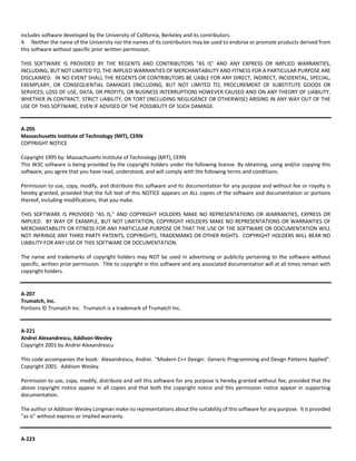 includes software developed by the University of California, Berkeley and its contributors. 
4. Neither the name of the University nor the names of its contributors may be used to endorse or promote products derived from 
this software without specific prior written permission. 
THIS SOFTWARE IS PROVIDED BY THE REGENTS AND CONTRIBUTORS "AS IS" AND ANY EXPRESS OR IMPLIED WARRANTIES, 
INCLUDING, BUT NOT LIMITED TO, THE IMPLIED WARRANTIES OF MERCHANTABILITY AND FITNESS FOR A PARTICULAR PURPOSE ARE 
DISCLAIMED. IN NO EVENT SHALL THE REGENTS OR CONTRIBUTORS BE LIABLE FOR ANY DIRECT, INDIRECT, INCIDENTAL, SPECIAL, 
EXEMPLARY, OR CONSEQUENTIAL DAMAGES (INCLUDING, BUT NOT LIMITED TO, PROCUREMENT OF SUBSTITUTE GOODS OR 
SERVICES; LOSS OF USE, DATA, OR PROFITS; OR BUSINESS INTERRUPTION) HOWEVER CAUSED AND ON ANY THEORY OF LIABILITY, 
WHETHER IN CONTRACT, STRICT LIABILITY, OR TORT (INCLUDING NEGLIGENCE OR OTHERWISE) ARISING IN ANY WAY OUT OF THE 
USE OF THIS SOFTWARE, EVEN IF ADVISED OF THE POSSIBILITY OF SUCH DAMAGE. 
A‐205 
Massachusetts Institute of Technology (MIT), CERN 
COPYRIGHT NOTICE 
Copyright 1995 by: Massachusetts Institute of Technology (MIT), CERN 
This W3C software is being provided by the copyright holders under the following license. By obtaining, using and/or copying this 
software, you agree that you have read, understood, and will comply with the following terms and conditions: 
Permission to use, copy, modify, and distribute this software and its documentation for any purpose and without fee or royalty is 
hereby granted, provided that the full text of this NOTICE appears on ALL copies of the software and documentation or portions 
thereof, including modifications, that you make. 
THIS SOFTWARE IS PROVIDED "AS IS," AND COPYRIGHT HOLDERS MAKE NO REPRESENTATIONS OR WARRANTIES, EXPRESS OR 
IMPLIED. BY WAY OF EXAMPLE, BUT NOT LIMITATION, COPYRIGHT HOLDERS MAKE NO REPRESENTATIONS OR WARRANTIES OF 
MERCHANTABILITY OR FITNESS FOR ANY PARTICULAR PURPOSE OR THAT THE USE OF THE SOFTWARE OR DOCUMENTATION WILL 
NOT INFRINGE ANY THIRD PARTY PATENTS, COPYRIGHTS, TRADEMARKS OR OTHER RIGHTS. COPYRIGHT HOLDERS WILL BEAR NO 
LIABILITY FOR ANY USE OF THIS SOFTWARE OR DOCUMENTATION. 
The name and trademarks of copyright holders may NOT be used in advertising or publicity pertaining to the software without 
specific, written prior permission. Title to copyright in this software and any associated documentation will at all times remain with 
copyright holders. 
A‐207 
Trumatch, Inc. 
Portions © Trumatch Inc. Trumatch is a trademark of Trumatch Inc. 
A‐221 
Andrei Alexandrescu, Addison‐Wesley 
Copyright 2001 by Andrei Alexandrescu 
This code accompanies the book: Alexandrescu, Andrei. "Modern C++ Design: Generic Programming and Design Patterns Applied". 
Copyright 2001. Addison Wesley. 
Permission to use, copy, modify, distribute and sell this software for any purpose is hereby granted without fee, provided that the 
above copyright notice appear in all copies and that both the copyright notice and this permission notice appear in supporting 
documentation. 
The author or Addison‐Wesley Longman make no representations about the suitability of this software for any purpose. It is provided 
"as is" without express or implied warranty. 
A‐223 
 