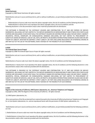 A‐2016 
Daniel Hartmeier 
Copyright (c) 2002 Daniel Hartmeier All rights reserved. 
Redistribution and use in source and binary forms, with or without modification, are permitted provided that the following conditions 
are met: 
- Redistributions of source code must retain the above copyright notice, this list of conditions and the following disclaimer. 
- Redistributions in binary form must reproduce the above copyright notice, this list of conditions and the 
following disclaimer in the documentation and/or other materials provided with the distribution. 
THIS SOFTWARE IS PROVIDED BY THE COPYRIGHT HOLDERS AND CONTRIBUTORS "AS IS" AND ANY EXPRESS OR IMPLIED 
WARRANTIES, INCLUDING, BUT NOT LIMITED TO, THE IMPLIED WARRANTIES OF MERCHANTABILITY AND FITNESS FOR A PARTICULAR 
PURPOSE ARE DISCLAIMED. IN NO EVENT SHALL THE COPYRIGHT HOLDERS OR CONTRIBUTORS BE LIABLE FOR ANY DIRECT, INDIRECT 
INCIDENTAL, SPECIAL, EXEMPLARY, OR CONSEQUENTIAL DAMAGES (INCLUDING, BUT NOT LIMITED TO, PROCUREMENT OF 
SUBSTITUTE GOODS OR SERVICES; LOSS OF USE, DATA, OR PROFITS; OR BUSINESS INTERRUPTION) HOWEVER CAUSED AND ON ANY 
THEORY OF LIABILITY, WHETHER IN CONTRACT, STRICT LIABILITY, OR TORT (INCLUDING NEGLIGENCE OR OTHERWISE) ARISING IN 
ANY WAY OUT OF THE USE OF THIS SOFTWARE, EVEN IF ADVISED OF THE POSSIBILITY OF SUCH DAMAGE. 
A‐2018 
The Android Open Source Project 
Copyright (C) 2008 The Android Open Source Project All rights reserved. 
Redistribution and use in source and binary forms, with or without modification, are permitted provided that the following conditions 
are met: 
Redistributions of source code must retain the above copyright notice, this list of conditions and the following disclaimer. 
Redistributions in binary form must reproduce the above copyright notice, this list of conditions and the following disclaimer in the 
documentation and/or other materials provided with the distribution. 
THIS SOFTWARE IS PROVIDED BY THE COPYRIGHT HOLDERS AND CONTRIBUTORS "AS IS" AND ANY EXPRESS OR IMPLIED 
WARRANTIES, INCLUDING, BUT NOT LIMITED TO, THE IMPLIED WARRANTIES OF MERCHANTABILITY AND FITNESS FOR A PARTICULAR 
PURPOSE ARE DISCLAIMED. IN NO EVENT SHALL THE COPYRIGHT OWNER OR CONTRIBUTORS BE LIABLE FOR ANY DIRECT, INDIRECT, 
INCIDENTAL, SPECIAL, EXEMPLARY, OR CONSEQUENTIAL DAMAGES (INCLUDING, BUT NOT LIMITED TO, PROCUREMENT OF 
SUBSTITUTE GOODS OR SERVICES; LOSS OF USE, DATA, OR PROFITS; OR BUSINESS INTERRUPTION) HOWEVER CAUSED AND ON ANY 
THEORY OF LIABILITY, WHETHER IN CONTRACT, STRICT LIABILITY, OR TORT (INCLUDING NEGLIGENCE OR OTHERWISE) ARISING IN 
ANY WAY OUT OF THE USE OF THIS SOFTWARE, EVEN IF ADVISED OF THE POSSIBILITY OF SUCH DAMAGE. 
A‐2021 
Regents of the University of California, UNIX System Laboratories, Inc., American Telephone and Telegraph 
Copyright (c) 1992, 1993 The Regents of the University of California. All rights reserved. 
(c) UNIX System Laboratories, Inc. 
All or some portions of this file are derived from material licensed to the University of California by American Telephone and Telegraph 
Co. or Unix System Laboratories, Inc. and are reproduced herein with the permission of UNIX System Laboratories, Inc. 
Redistribution and use in source and binary forms, with or without modification, are permitted provided that the following conditions 
are met: 
1. Redistributions of source code must retain the above copyright notice, this list of conditions and the following disclaimer. 
2. Redistributions in binary form must reproduce the above copyright notice, this list of conditions and the following disclaimer in the 
documentation and/or other materials provided with the distribution. 
 