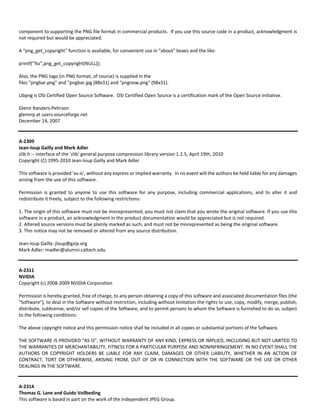 component to supporting the PNG file format in commercial products. If you use this source code in a product, acknowledgment is 
not required but would be appreciated. 
A "png_get_copyright" function is available, for convenient use in "about" boxes and the like: 
printf("%s",png_get_copyright(NULL)); 
Also, the PNG logo (in PNG format, of course) is supplied in the 
files "pngbar.png" and "pngbar.jpg (88x31) and "pngnow.png" (98x31). 
Libpng is OSI Certified Open Source Software. OSI Certified Open Source is a certification mark of the Open Source Initiative. 
Glenn Randers‐Pehrson 
glennrp at users.sourceforge.net 
December 14, 2007 
A‐2309 
Jean‐loup Gailly and Mark Adler 
zlib.h ‐‐ interface of the 'zlib' general purpose compression library version 1.2.5, April 19th, 2010 
Copyright (C) 1995‐2010 Jean‐loup Gailly and Mark Adler 
This software is provided 'as‐is', without any express or implied warranty. In no event will the authors be held liable for any damages 
arising from the use of this software. 
Permission is granted to anyone to use this software for any purpose, including commercial applications, and to alter it and 
redistribute it freely, subject to the following restrictions: 
1. The origin of this software must not be misrepresented; you must not claim that you wrote the original software. If you use this 
software in a product, an acknowledgment in the product documentation would be appreciated but is not required. 
2. Altered source versions must be plainly marked as such, and must not be misrepresented as being the original software. 
3. This notice may not be removed or altered from any source distribution. 
Jean‐loup Gailly: jloup@gzip.org 
Mark Adler: madler@alumni.caltech.edu 
A‐2311 
NVIDIA 
Copyright (c) 2008‐2009 NVIDIA Corporation 
Permission is hereby granted, free of charge, to any person obtaining a copy of this software and associated documentation files (the 
"Software"), to deal in the Software without restriction, including without limitation the rights to use, copy, modify, merge, publish, 
distribute, sublicense, and/or sell copies of the Software, and to permit persons to whom the Software is furnished to do so, subject 
to the following conditions: 
The above copyright notice and this permission notice shall be included in all copies or substantial portions of the Software. 
THE SOFTWARE IS PROVIDED "AS IS", WITHOUT WARRANTY OF ANY KIND, EXPRESS OR IMPLIED, INCLUDING BUT NOT LIMITED TO 
THE WARRANTIES OF MERCHANTABILITY, FITNESS FOR A PARTICULAR PURPOSE AND NONINFRINGEMENT. IN NO EVENT SHALL THE 
AUTHORS OR COPYRIGHT HOLDERS BE LIABLE FOR ANY CLAIM, DAMAGES OR OTHER LIABILITY, WHETHER IN AN ACTION OF 
CONTRACT, TORT OR OTHERWISE, ARISING FROM, OUT OF OR IN CONNECTION WITH THE SOFTWARE OR THE USE OR OTHER 
DEALINGS IN THE SOFTWARE. 
A‐2314 
Thomas G. Lane and Guido Vollbeding 
This software is based in part on the work of the Independent JPEG Group. 
 