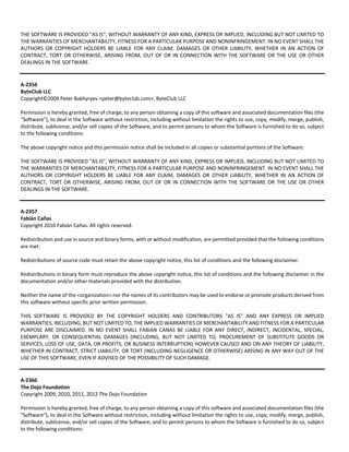 THE SOFTWARE IS PROVIDED "AS IS", WITHOUT WARRANTY OF ANY KIND, EXPRESS OR IMPLIED, INCLUDING BUT NOT LIMITED TO 
THE WARRANTIES OF MERCHANTABILITY, FITNESS FOR A PARTICULAR PURPOSE AND NONINFRINGEMENT. IN NO EVENT SHALL THE 
AUTHORS OR COPYRIGHT HOLDERS BE LIABLE FOR ANY CLAIM, DAMAGES OR OTHER LIABILITY, WHETHER IN AN ACTION OF 
CONTRACT, TORT OR OTHERWISE, ARISING FROM, OUT OF OR IN CONNECTION WITH THE SOFTWARE OR THE USE OR OTHER 
DEALINGS IN THE SOFTWARE. 
A‐2356 
ByteClub LLC 
Copyright©2009 Peter Bakhyryev <peter@byteclub.com>, ByteClub LLC 
Permission is hereby granted, free of charge, to any person obtaining a copy of this software and associated documentation files (the 
"Software"), to deal in the Software without restriction, including without limitation the rights to use, copy, modify, merge, publish, 
distribute, sublicense, and/or sell copies of the Software, and to permit persons to whom the Software is furnished to do so, subject 
to the following conditions: 
The above copyright notice and this permission notice shall be included in all copies or substantial portions of the Software. 
THE SOFTWARE IS PROVIDED "AS IS", WITHOUT WARRANTY OF ANY KIND, EXPRESS OR IMPLIED, INCLUDING BUT NOT LIMITED TO 
THE WARRANTIES OF MERCHANTABILITY, FITNESS FOR A PARTICULAR PURPOSE AND NONINFRINGEMENT. IN NO EVENT SHALL THE 
AUTHORS OR COPYRIGHT HOLDERS BE LIABLE FOR ANY CLAIM, DAMAGES OR OTHER LIABILITY, WHETHER IN AN ACTION OF 
CONTRACT, TORT OR OTHERWISE, ARISING FROM, OUT OF OR IN CONNECTION WITH THE SOFTWARE OR THE USE OR OTHER 
DEALINGS IN THE SOFTWARE. 
A‐2357 
Fabián Cañas 
Copyright 2010 Fabián Cañas. All rights reserved. 
Redistribution and use in source and binary forms, with or without modification, are permitted provided that the following conditions 
are met: 
Redistributions of source code must retain the above copyright notice, this list of conditions and the following disclaimer. 
Redistributions in binary form must reproduce the above copyright notice, this list of conditions and the following disclaimer in the 
documentation and/or other materials provided with the distribution. 
Neither the name of the <organization> nor the names of its contributors may be used to endorse or promote products derived from 
this software without specific prior written permission. 
THIS SOFTWARE IS PROVIDED BY THE COPYRIGHT HOLDERS AND CONTRIBUTORS "AS IS" AND ANY EXPRESS OR IMPLIED 
WARRANTIES, INCLUDING, BUT NOT LIMITED TO, THE IMPLIED WARRANTIES OF MERCHANTABILITY AND FITNESS FOR A PARTICULAR 
PURPOSE ARE DISCLAIMED. IN NO EVENT SHALL FABIAN CANAS BE LIABLE FOR ANY DIRECT, INDIRECT, INCIDENTAL, SPECIAL, 
EXEMPLARY, OR CONSEQUENTIAL DAMAGES (INCLUDING, BUT NOT LIMITED TO, PROCUREMENT OF SUBSTITUTE GOODS OR 
SERVICES; LOSS OF USE, DATA, OR PROFITS; OR BUSINESS INTERRUPTION) HOWEVER CAUSED AND ON ANY THEORY OF LIABILITY, 
WHETHER IN CONTRACT, STRICT LIABILITY, OR TORT (INCLUDING NEGLIGENCE OR OTHERWISE) ARISING IN ANY WAY OUT OF THE 
USE OF THIS SOFTWARE, EVEN IF ADVISED OF THE POSSIBILITY OF SUCH DAMAGE. 
A‐2366 
The Dojo Foundation 
Copyright 2009, 2010, 2011, 2012 The Dojo Foundation 
Permission is hereby granted, free of charge, to any person obtaining a copy of this software and associated documentation files (the 
"Software"), to deal in the Software without restriction, including without limitation the rights to use, copy, modify, merge, publish, 
distribute, sublicense, and/or sell copies of the Software, and to permit persons to whom the Software is furnished to do so, subject 
to the following conditions: 
 