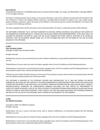 Buzz Andersen 
Created by Buzz Andersen on 10/20/08. Based partly on code by Jonathan Wight, Jon Crosby, and Mike Malone. Copyright 2008 Sci‐ 
Fi Hi‐Fi. All rights reserved. 
Permission is hereby granted, free of charge, to any person obtaining a copy of this software and associated documentation files 
(the "Software"), to deal in the Software without restriction, including without limitation the rights to use, copy, modify, merge, 
publish, distribute, sublicense, and/or sell copies of the Software, and to permit persons to whom the Software is furnished to do 
so, subject to the following conditions: 
The above copyright notice and this permission notice shall beincluded in all copies or substantial portions of the Software. 
THE SOFTWARE IS PROVIDED "AS IS", WITHOUT WARRANTY OF ANY KIND, EXPRESS OR IMPLIED, INCLUDING BUT NOT LIMITED TO 
THE WARRANTIES OF MERCHANTABILITY, FITNESS FOR A PARTICULAR PURPOSE AND NONINFRINGEMENT. IN NO EVENT SHALL THE 
AUTHORS OR COPYRIGHT HOLDERS BE LIABLE FOR ANY CLAIM, DAMAGES OR OTHER LIABILITY, WHETHER IN AN ACTION OF 
CONTRACT, TORT OR OTHERWISE, ARISING FROM, OUT OF OR IN CONNECTION WITH THE SOFTWARE OR THE USE OR OTHER 
DEALINGS IN THE SOFTWARE. 
A‐2400 
Pixar Animation Studios 
Copyright (c) 2004, Pixar Animation Studios 
All rights reserved. 
Redistribution and use in source and binary forms, with or without modification, are permitted provided that the following conditions 
are met: 
*Redistributions of source code must retain the above copyright notice, this list of conditions and the following disclaimer. 
*Redistributions in binary form must reproduce the above copyright notice, this list of conditions and the following disclaimer in the 
documentation and/or other materials provided with the distribution. 
*Neither the name of Pixar Animation Studios nor the names of its contributors may be used to endorse or promote products derived 
from this software without specific prior written permission. 
THIS SOFTWARE IS PROVIDED BY THE COPYRIGHT HOLDERS AND CONTRIBUTORS "AS IS" AND ANY EXPRESS OR IMPLIED 
WARRANTIES, INCLUDING, BUT NOT LIMITED TO, THE IMPLIED WARRANTIES OF MERCHANTABILITY AND FITNESS FOR A PARTICULAR 
PURPOSE ARE DISCLAIMED. IN NO EVENT SHALL THE COPYRIGHT OWNER OR CONTRIBUTORS BE LIABLE FOR ANY DIRECT, INDIRECT, 
INCIDENTAL,SPECIAL, EXEMPLARY, OR CONSEQUENTIAL DAMAGES (INCLUDING, BUT NOT LIMITED TO, PROCUREMENT OF 
SUBSTITUTE GOODS OR SERVICES; LOSS OF USE, DATA, OR PROFITS; OR BUSINESS INTERRUPTION) HOWEVER CAUSED AND ON ANY 
THEORY OF LIABILITY, WHETHER IN CONTRACT, STRICT LIABILITY, OR TORT (INCLUDING NEGLIGENCE OR OTHERWISE) ARISING IN 
ANY WAY OUT OF THE USE OF THIS SOFTWARE, EVEN IF ADVISED OF THE POSSIBILITY OF SUCH DAMAGE. 
A‐2401 
The OWASP Foundation 
Copyright (c) 2007, The OWASP Foundation 
All rights reserved. 
Redistribution and use in source and binary forms, with or without modification, are permitted provided that the following 
conditions are met: 
Redistributions of source code must retain the above copyright notice, this list of conditions and the following disclaimer. 
Redistributions in binary form must reproduce the above copyright notice, this list of conditions and the following disclaimer in the 
documentation and/or other materials provided with the distribution. 
 