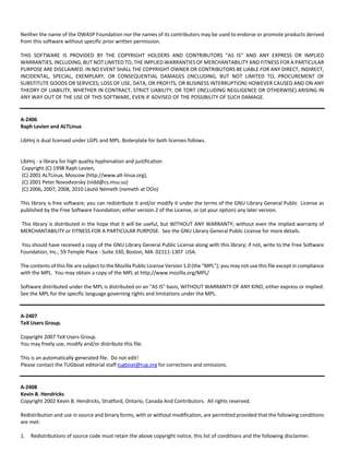 Neither the name of the OWASP Foundation nor the names of its contributors may be used to endorse or promote products derived 
from this software without specific prior written permission. 
THIS SOFTWARE IS PROVIDED BY THE COPYRIGHT HOLDERS AND CONTRIBUTORS "AS IS" AND ANY EXPRESS OR IMPLIED 
WARRANTIES, INCLUDING, BUT NOT LIMITED TO, THE IMPLIED WARRANTIES OF MERCHANTABILITY AND FITNESS FOR A PARTICULAR 
PURPOSE ARE DISCLAIMED. IN NO EVENT SHALL THE COPYRIGHT OWNER OR CONTRIBUTORS BE LIABLE FOR ANY DIRECT, INDIRECT, 
INCIDENTAL, SPECIAL, EXEMPLARY, OR CONSEQUENTIAL DAMAGES (INCLUDING, BUT NOT LIMITED TO, PROCUREMENT OF 
SUBSTITUTE GOODS OR SERVICES; LOSS OF USE, DATA, OR PROFITS; OR BUSINESS INTERRUPTION) HOWEVER CAUSED AND ON ANY 
THEORY OF LIABILITY, WHETHER IN CONTRACT, STRICT LIABILITY, OR TORT (INCLUDING NEGLIGENCE OR OTHERWISE) ARISING IN 
ANY WAY OUT OF THE USE OF THIS SOFTWARE, EVEN IF ADVISED OF THE POSSIBILITY OF SUCH DAMAGE. 
A‐2406 
Raph Levien and ALTLinux 
LibHnj is dual licensed under LGPL and MPL. Boilerplate for both licenses follows. 
LibHnj ‐ a library for high quality hyphenation and justification 
Copyright (C) 1998 Raph Levien, 
(C) 2001 ALTLinux, Moscow (http://www.alt‐linux.org), 
(C) 2001 Peter Novodvorsky (nidd@cs.msu.su) 
(C) 2006, 2007, 2008, 2010 László Németh (nemeth at OOo) 
This library is free software; you can redistribute it and/or modify it under the terms of the GNU Library General Public License as 
published by the Free Software Foundation; either version 2 of the License, or (at your option) any later version. 
This library is distributed in the hope that it will be useful, but WITHOUT ANY WARRANTY; without even the implied warranty of 
MERCHANTABILITY or FITNESS FOR A PARTICULAR PURPOSE. See the GNU Library General Public License for more details. 
You should have received a copy of the GNU Library General Public License along with this library; if not, write to the Free Software 
Foundation, Inc., 59 Temple Place ‐ Suite 330, Boston, MA 02111‐1307 USA. 
The contents of this file are subject to the Mozilla Public License Version 1.0 (the "MPL"); you may not use this file except in compliance 
with the MPL. You may obtain a copy of the MPL at http://www.mozilla.org/MPL/ 
Software distributed under the MPL is distributed on an "AS IS" basis, WITHOUT WARRANTY OF ANY KIND, either express or implied. 
See the MPL for the specific language governing rights and limitations under the MPL. 
A‐2407 
TeX Users Group. 
Copyright 2007 TeX Users Group. 
You may freely use, modify and/or distribute this file. 
This is an automatically generated file. Do not edit! 
Please contact the TUGboat editorial staff tugboat@tug.org for corrections and omissions. 
A‐2408 
Kevin B. Hendricks 
Copyright 2002 Kevin B. Hendricks, Stratford, Ontario, Canada And Contributors. All rights reserved. 
Redistribution and use in source and binary forms, with or without modification, are permitted provided that the following conditions 
are met: 
1. Redistributions of source code must retain the above copyright notice, this list of conditions and the following disclaimer. 
 