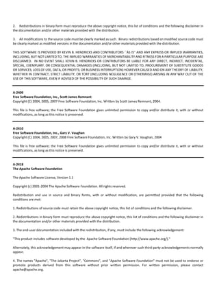 2. Redistributions in binary form must reproduce the above copyright notice, this list of conditions and the following disclaimer in 
the documentation and/or other materials provided with the distribution. 
3. All modifications to the source code must be clearly marked as such. Binary redistributions based on modified source code must 
be clearly marked as modified versions in the documentation and/or other materials provided with the distribution. 
THIS SOFTWARE IS PROVIDED BY KEVIN B. HENDRICKS AND CONTRIBUTORS ``AS IS'' AND ANY EXPRESS OR IMPLIED WARRANTIES, 
INCLUDING, BUT NOT LIMITED TO, THE IMPLIED WARRANTIES OF MERCHANTABILITY AND FITNESS FOR A PARTICULAR PURPOSE ARE 
DISCLAIMED. IN NO EVENT SHALL KEVIN B. HENDRICKS OR CONTRIBUTORS BE LIABLE FOR ANY DIRECT, INDIRECT, INCIDENTAL, 
SPECIAL, EXEMPLARY, OR CONSEQUENTIAL DAMAGES (INCLUDING, BUT NOT LIMITED TO, PROCUREMENT OF SUBSTITUTE GOODS 
OR SERVICES; LOSS OF USE, DATA, OR PROFITS; OR BUSINESS INTERRUPTION) HOWEVER CAUSED AND ON ANY THEORY OF LIABILITY, 
WHETHER IN CONTRACT, STRICT LIABILITY, OR TORT (INCLUDING NEGLIGENCE OR OTHERWISE) ARISING IN ANY WAY OUT OF THE 
USE OF THIS SOFTWARE, EVEN IF ADVISED OF THE POSSIBILITY OF SUCH DAMAGE. 
A‐2409 
Free Software Foundation, Inc., Scott James Remnant 
Copyright (C) 2004, 2005, 2007 Free Software Foundation, Inc. Written by Scott James Remnant, 2004. 
This file is free software; the Free Software Foundation gives unlimited permission to copy and/or distribute it, with or without 
modifications, as long as this notice is preserved. 
A‐2410 
Free Software Foundation, Inc., Gary V. Vaughan 
Copyright (C) 2004, 2005, 2007, 2008 Free Software Foundation, Inc. Written by Gary V. Vaughan, 2004 
This file is free software; the Free Software Foundation gives unlimited permission to copy and/or distribute it, with or without 
modifications, as long as this notice is preserved. 
A‐2418 
The Apache Software Foundation 
The Apache Software License, Version 1.1 
Copyright (c) 2001‐2004 The Apache Software Foundation. All rights reserved. 
Redistribution and use in source and binary forms, with or without modification, are permitted provided that the following 
conditions are met: 
1. Redistributions of source code must retain the above copyright notice, this list of conditions and the following disclaimer. 
2. Redistributions in binary form must reproduce the above copyright notice, this list of conditions and the following disclaimer in 
the documentation and/or other materials provided with the distribution. 
3. The end‐user documentation included with the redistribution, if any, must include the following acknowledgement: 
"This product includes software developed by the Apache Software Foundation (http://www.apache.org/)." 
Alternately, this acknowledgement may appear in the software itself, if and wherever such third‐party acknowledgements normally 
appear. 
4. The names "Apache", "The Jakarta Project", "Commons", and "Apache Software Foundation" must not be used to endorse or 
promote products derived from this software without prior written permission. For written permission, please contact 
apache@apache.org. 
 