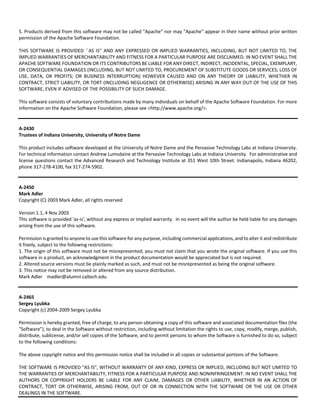 5. Products derived from this software may not be called "Apache" nor may "Apache" appear in their name without prior written 
permission of the Apache Software Foundation. 
THIS SOFTWARE IS PROVIDED ``AS IS'' AND ANY EXPRESSED OR IMPLIED WARRANTIES, INCLUDING, BUT NOT LIMITED TO, THE 
IMPLIED WARRANTIES OF MERCHANTABILITY AND FITNESS FOR A PARTICULAR PURPOSE ARE DISCLAIMED. IN NO EVENT SHALL THE 
APACHE SOFTWARE FOUNDATION OR ITS CONTRIBUTORS BE LIABLE FOR ANY DIRECT, INDIRECT, INCIDENTAL, SPECIAL, EXEMPLARY, 
OR CONSEQUENTIAL DAMAGES (INCLUDING, BUT NOT LIMITED TO, PROCUREMENT OF SUBSTITUTE GOODS OR SERVICES; LOSS OF 
USE, DATA, OR PROFITS; OR BUSINESS INTERRUPTION) HOWEVER CAUSED AND ON ANY THEORY OF LIABILITY, WHETHER IN 
CONTRACT, STRICT LIABILITY, OR TORT (INCLUDING NEGLIGENCE OR OTHERWISE) ARISING IN ANY WAY OUT OF THE USE OF THIS 
SOFTWARE, EVEN IF ADVISED OF THE POSSIBILITY OF SUCH DAMAGE. 
This software consists of voluntary contributions made by many individuals on behalf of the Apache Software Foundation. For more 
information on the Apache Software Foundation, please see <http://www.apache.org/>. 
A‐2430 
Trustees of Indiana University, University of Notre Dame 
This product includes software developed at the University of Notre Dame and the Pervasive Technology Labs at Indiana University. 
For technical information contact Andrew Lumsdaine at the Pervasive Technology Labs at Indiana University. For administrative and 
license questions contact the Advanced Research and Technology Institute at 351 West 10th Street. Indianapolis, Indiana 46202, 
phone 317‐278‐4100, fax 317‐274‐5902. 
A‐2450 
Mark Adler 
Copyright (C) 2003 Mark Adler, all rights reserved 
Version 1.1, 4 Nov 2003 
This software is provided 'as‐is', without any express or implied warranty. In no event will the author be held liable for any damages 
arising from the use of this software. 
Permission is granted to anyone to use this software for any purpose, including commercial applications, and to alter it and redistribute 
it freely, subject to the following restrictions: 
1. The origin of this software must not be misrepresented; you must not claim that you wrote the original software. If you use this 
software in a product, an acknowledgment in the product documentation would be appreciated but is not required. 
2. Altered source versions must be plainly marked as such, and must not be misrepresented as being the original software. 
3. This notice may not be removed or altered from any source distribution. 
Mark Adler madler@alumni.caltech.edu 
A‐2465 
Sergey Lyubka 
Copyright (c) 2004‐2009 Sergey Lyubka 
Permission is hereby granted, free of charge, to any person obtaining a copy of this software and associated documentation files (the 
"Software"), to deal in the Software without restriction, including without limitation the rights to use, copy, modify, merge, publish, 
distribute, sublicense, and/or sell copies of the Software, and to permit persons to whom the Software is furnished to do so, subject 
to the following conditions: 
The above copyright notice and this permission notice shall be included in all copies or substantial portions of the Software. 
THE SOFTWARE IS PROVIDED "AS IS", WITHOUT WARRANTY OF ANY KIND, EXPRESS OR IMPLIED, INCLUDING BUT NOT LIMITED TO 
THE WARRANTIES OF MERCHANTABILITY, FITNESS FOR A PARTICULAR PURPOSE AND NONINFRINGEMENT. IN NO EVENT SHALL THE 
AUTHORS OR COPYRIGHT HOLDERS BE LIABLE FOR ANY CLAIM, DAMAGES OR OTHER LIABILITY, WHETHER IN AN ACTION OF 
CONTRACT, TORT OR OTHERWISE, ARISING FROM, OUT OF OR IN CONNECTION WITH THE SOFTWARE OR THE USE OR OTHER 
DEALINGS IN THE SOFTWARE. 
 