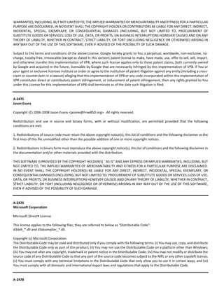 WARRANTIES, INCLUDING, BUT NOT LIMITED TO, THE IMPLIED WARRANTIES OF MERCHANTABILITY AND FITNESS FOR A PARTICULAR 
PURPOSE ARE DISCLAIMED. IN NO EVENT SHALL THE COPYRIGHT HOLDER OR CONTRIBUTORS BE LIABLE FOR ANY DIRECT, INDIRECT, 
INCIDENTAL, SPECIAL, EXEMPLARY, OR CONSEQUENTIAL DAMAGES (INCLUDING, BUT NOT LIMITED TO, PROCUREMENT OF 
SUBSTITUTE GOODS OR SERVICES; LOSS OF USE, DATA, OR PROFITS; OR BUSINESS INTERRUPTION) HOWEVER CAUSED AND ON ANY 
THEORY OF LIABILITY, WHETHER IN CONTRACT, STRICT LIABILITY, OR TORT (INCLUDING NEGLIGENCE OR OTHERWISE) ARISING IN 
ANY WAY OUT OF THE USE OF THIS SOFTWARE, EVEN IF ADVISED OF THE POSSIBILITY OF SUCH DAMAGE. 
Subject to the terms and conditions of the above License, Google hereby grants to You a perpetual, worldwide, non‐exclusive, no‐charge, 
royalty‐free, irrevocable (except as stated in this section) patent license to make, have made, use, offer to sell, sell, import, 
and otherwise transfer this implementation of VP8, where such license applies only to those patent claims, both currently owned 
by Google and acquired in the future, licensable by Google that are necessarily infringed by this implementation of VP8. If You or 
your agent or exclusive licensee institute or order or agree to the institution of patent litigation against any entity (including a cross‐claim 
or counterclaim in a lawsuit) alleging that this implementation of VP8 or any code incorporated within this implementation of 
VP8 constitutes direct or contributory patent infringement, or inducement of patent infringement, then any rights granted to You 
under this License for this implementation of VP8 shall terminate as of the date such litigation is filed. 
A‐2475 
Jason Evans 
Copyright (C) 2006‐2008 Jason Evans <jasone@FreeBSD.org>. All rights reserved. 
Redistribution and use in source and binary forms, with or without modification, are permitted provided that the following 
conditions are met: 
1. Redistributions of source code must retain the above copyright notice(s), this list of conditions and the following disclaimer as the 
first lines of this file unmodified other than the possible addition of one or more copyright notices. 
2. Redistributions in binary form must reproduce the above copyright notice(s), this list of conditions and the following disclaimer in 
the documentation and/or other materials provided with the distribution. 
THIS SOFTWARE IS PROVIDED BY THE COPYRIGHT HOLDER(S) ``AS IS'' AND ANY EXPRESS OR IMPLIED WARRANTIES, INCLUDING, BUT 
NOT LIMITED TO, THE IMPLIED WARRANTIES OF MERCHANTABILITY AND FITNESS FOR A PARTICULAR PURPOSE ARE DISCLAIMED. 
IN NO EVENT SHALL THE COPYRIGHT HOLDER(S) BE LIABLE FOR ANY DIRECT, INDIRECT, INCIDENTAL, SPECIAL, EXEMPLARY, OR 
CONSEQUENTIAL DAMAGES (INCLUDING, BUT NOT LIMITED TO, PROCUREMENT OF SUBSTITUTE GOODS OR SERVICES; LOSS OF USE, 
DATA, OR PROFITS; OR BUSINESS INTERRUPTION) HOWEVER CAUSED AND ON ANY THEORY OF LIABILITY, WHETHER IN CONTRACT, 
STRICT LIABILITY, OR TORT (INCLUDING NEGLIGENCE OR OTHERWISE) ARISING IN ANY WAY OUT OF THE USE OF THIS SOFTWARE, 
EVEN IF ADVISED OF THE POSSIBILITY OF SUCH DAMAGE. 
A‐2476 
Microsoft Corporation 
Microsoft DirectX License 
This license applies to the following files; they are referred to below as "Distributable Code": 
d3dx9_*.dll and d3dcompiler_*.dll. 
Copyright (c) Microsoft Corporation. 
The Distributable Code may be used and distributed only if you comply with the following terms: (i) You may use, copy, and distribute 
the Distributable Code only as part of this product; (ii) You may not use the Distributable Code on a platform other than Windows; 
(iii) You may not alter any copyright, trademark or patent notice in the Distributable Code; (iv) You may not modify or distribute the 
source code of any Distributable Code so that any part of the source code becomes subject to the MPL or any other copyleft license; 
(v) You must comply with any technical limitations in the Distributable Code that only allow you to use it in certain ways; and (vi) 
You must comply with all domestic and international export laws and regulations that apply to the Distributable Code. 
A‐2478 
 