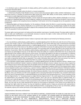 4. to distribute copies or phonorecords of, display publicly, perform publicly, and perform publicly by means of a digital audio 
transmission Derivative Works. 
5. For the avoidance of doubt, where the Work is a musical composition: 
1. Performance Royalties Under Blanket Licenses. Licensor waives the exclusive right to collect, whether individually or, in the 
event that Licensor is a member of a performance rights society (e.g. ASCAP, BMI, SESAC), via that society, royalties for the public 
performance or public digital performance (e.g. webcast) of the Work. 
2. Mechanical Rights and Statutory Royalties. Licensor waives the exclusive right to collect, whether individually or via a music 
rights agency or designated agent (e.g. Harry Fox Agency), royalties for any phonorecord You create from the Work ("cover version") 
and distribute, subject to the compulsory license created by 17 USC Section 115 of the US Copyright Act (or the equivalent in other 
jurisdictions). 
6. Webcasting Rights and Statutory Royalties. For the avoidance of doubt, where the Work is a sound recording, Licensor waives 
the exclusive right to collect, whether individually or via a performance‐rights society (e.g. SoundExchange), royalties for the public 
digital performance (e.g. webcast) of the Work, subject to the compulsory license created by 17 USC Section 114 of the US Copyright 
Act (or the equivalent in other jurisdictions). 
The above rights may be exercised in all media and formats whether now known or hereafter devised. The above rights include the 
right to make such modifications as are technically necessary to exercise the rights in other media and formats. All rights not 
expressly granted by Licensor are hereby reserved. 
4. Restrictions. The license granted in Section 3 above is expressly made subject to and limited by the following restrictions: 
1. You may distribute, publicly display, publicly perform, or publicly digitally perform the Work only under the terms of this License, 
and You must include a copy of, or the Uniform Resource Identifier for, this License with every copy or phonorecord of the Work 
You distribute, publicly display, publicly perform, or publicly digitally perform. You may not offer or impose any terms on the Work 
that restrict the terms of this License or the ability of a recipient of the Work to exercise the rights granted to that recipient under 
the terms of the License. You may not sublicense the Work. You must keep intact all notices that refer to this License and to the 
disclaimer of warranties. When You distribute, publicly display, publicly perform, or publicly digitally perform the Work, You may 
not impose any technological measures on the Work that restrict the ability of a recipient of the Work from You to exercise the 
rights granted to that recipient under the terms of the License. This Section 4(a) applies to the Work as incorporated in a Collective 
Work, but this does not require the Collective Work apart from the Work itself to be made subject to the terms of this License. If 
You create a Collective Work, upon notice from any Licensor You must, to the extent practicable, remove from the Collective Work 
any credit as required by Section 4(b), as requested. If You create a Derivative Work, upon notice from any Licensor You must, to 
the extent practicable, remove from the Derivative Work any credit as required by Section 4(b), as requested. 
2. If You distribute, publicly display, publicly perform, or publicly digitally perform the Work (as defined in Section 1 above) or any 
Derivative Works (as defined in Section 1 above) or Collective Works (as defined in Section 1 above), You must, unless a request has 
been made pursuant to Section 4(a), keep intact all copyright notices for the Work and provide, reasonable to the medium or means 
You are utilizing: (i) the name of the Original Author (or pseudonym, if applicable) if supplied, and/or (ii) if the Original Author and/or 
Licensor designate another party or parties (e.g. a sponsor institute, publishing entity, journal) for attribution ("Attribution Parties") 
in Licensor's copyright notice, terms of service or by other reasonable means, the name of such party or parties; the title of the Work 
if supplied; to the extent reasonably practicable, the Uniform Resource Identifier, if any, that Licensor specifies to be associated with 
the Work, unless such URI does not refer to the copyright notice or licensing information for the Work; and, consistent with Section 
3(b) in the case of a Derivative Work, a credit identifying the use of the Work in the Derivative Work (e.g., "French translation of the 
Work by Original Author," or "Screenplay based on original Work by Original Author"). The credit required by this Section 4(b) may 
be implemented in any reasonable manner; provided, however, that in the case of a Derivative Work or Collective Work, at a 
minimum such credit will appear, if a credit for all contributing authors of the Derivative Work or Collective Work appears, then as 
part of these credits and in a manner at least as prominent as the credits for the other contributing authors. For the avoidance of 
doubt, You may only use the credit required by this Section for the purpose of attribution in the manner set out above and, by 
exercising Your rights under this License, You may not implicitly or explicitly assert or imply any connection with, sponsorship or 
endorsement by the Original Author, Licensor and/or Attribution Parties, as appropriate, of You or Your use of the Work, without 
the separate, express prior written permission of the Original Author, Licensor and/or Attribution Parties. 
5. Representations, Warranties and Disclaimer 
UNLESS OTHERWISE MUTUALLY AGREED TO BY THE PARTIES IN WRITING, LICENSOR OFFERS THE WORK AS‐IS AND ONLY TO THE 
EXTENT OF ANY RIGHTS HELD IN THE LICENSED WORK BY THE LICENSOR. THE LICENSOR MAKES NO REPRESENTATIONS OR 
WARRANTIES OF ANY KIND CONCERNING THE WORK, EXPRESS, IMPLIED, STATUTORY OR OTHERWISE, INCLUDING, WITHOUT 
LIMITATION, WARRANTIES OF TITLE, MARKETABILITY, MERCHANTIBILITY, FITNESS FOR A PARTICULAR PURPOSE, 
NONINFRINGEMENT, OR THE ABSENCE OF LATENT OR OTHER DEFECTS, ACCURACY, OR THE PRESENCE OF ABSENCE OF ERRORS, 
 