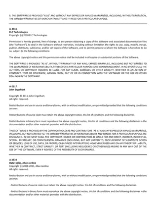 6. THIS SOFTWARE IS PROVIDED "AS IS" AND WITHOUT ANY EXPRESS OR IMPLIED WARRANTIES, INCLUDING, WITHOUT LIMITATION, 
THE IMPLIED WARRANTIES OF MERCHANTABILITY AND FITNESS FOR A PARTICULAR PURPOSE. 
A‐2516 
ELC Technologies 
Copyright (c) 2010 ELC Technologies 
Permission is hereby granted, free of charge, to any person obtaining a copy of this software and associated documentation files 
(the "Software"), to deal in the Software without restriction, including without limitation the rights to use, copy, modify, merge, 
publish, distribute, sublicense, and/or sell copies of the Software, and to permit persons to whom the Software is furnished to do 
so, subject to the following conditions: 
The above copyright notice and this permission notice shall be included in all copies or substantial portions of the Software. 
THE SOFTWARE IS PROVIDED "AS IS", WITHOUT WARRANTY OF ANY KIND, EXPRESS ORIMPLIED, INCLUDING BUT NOT LIMITED TO 
THE WARRANTIES OF MERCHANTABILITY, FITNESS FOR A PARTICULAR PURPOSE AND NONINFRINGEMENT. IN NO EVENT SHALL THE 
AUTHORS OR COPYRIGHT HOLDERS BE LIABLE FOR ANY CLAIM, DAMAGES OR OTHER LIABILITY, WHETHER IN AN ACTION OF 
CONTRACT, TORT OR OTHERWISE, ARISING FROM, OUT OF OR IN CONNECTION WITH THE SOFTWARE OR THE USE OR OTHER 
DEALINGS IN THE SOFTWARE. 
A‐2517 
John Engelhart 
Copyright © 2011, John Engelhart. 
All rights reserved. 
Redistribution and use in source and binary forms, with or without modification, are permitted provided that the following conditions 
are met: 
Redistributions of source code must retain the above copyright notice, this list of conditions and the following disclaimer. 
Redistributions in binary form must reproduce the above copyright notice, this list of conditions and the following disclaimer in the 
documentation and/or other materials provided with the distribution. 
THIS SOFTWARE IS PROVIDED BY THE COPYRIGHT HOLDERS AND CONTRIBUTORS "AS IS" AND ANY EXPRESS OR IMPLIED WARRANTIES, 
INCLUDING, BUT NOT LIMITED TO, THE IMPLIED WARRANTIES OF MERCHANTABILITY AND FITNESS FOR A PARTICULAR PURPOSE ARE 
DISCLAIMED. IN NO EVENT SHALL THE COPYRIGHT HOLDER OR CONTRIBUTORS BE LIABLE FOR ANY DIRECT, INDIRECT, INCIDENTAL, 
SPECIAL, EXEMPLARY, OR CONSEQUENTIAL DAMAGES (INCLUDING, BUT NOT LIMITED TO, PROCUREMENT OF SUBSTITUTE GOODS 
OR SERVICES; LOSS OF USE, DATA, OR PROFITS; OR BUSINESS INTERRUPTION) HOWEVER CAUSED AND ON ANY THEORY OF LIABILITY, 
WHETHER IN CONTRACT, STRICT LIABILITY, OR TORT (INCLUDING NEGLIGENCE OR OTHERWISE) ARISING IN ANY WAY OUT OF THE 
USE OF THIS SOFTWARE, EVEN IF ADVISED OF THE POSSIBILITY OF SUCH DAMAGE. 
A‐2534 
DataTables, Allan Jardine 
Copyright (c) 2008‐2011, Allan Jardine 
All rights reserved. 
Redistribution and use in source and binary forms, with or without modification, are permitted provided that the following conditions 
are met: 
‐ Redistributions of source code must retain the above copyright notice, this list of conditions and the following disclaimer. 
‐ Redistributions in binary form must reproduce the above copyright notice, this list of conditions and the following disclaimer in the 
documentation and/or other materials provided with the distribution. 
 