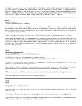 PURPOSE ARE DISCLAIMED. IN NO EVENT SHALL THE COPYRIGHT HOLDER OR CONTRIBUTORS BE LIABLE FOR ANY DIRECT, INDIRECT, 
INCIDENTAL, SPECIAL, EXEMPLARY, OR CONSEQUENTIAL DAMAGES (INCLUDING, BUT NOT LIMITED TO, PROCUREMENT OF 
SUBSTITUTE GOODS OR SERVICES; LOSS OF USE, DATA, OR PROFITS; OR BUSINESS INTERRUPTION) HOWEVER CAUSED AND ON ANY 
THEORY OF LIABILITY, WHETHER IN CONTRACT, STRICT LIABILITY, OR TORT (INCLUDING NEGLIGENCE OR OTHERWISE) ARISING IN 
ANY WAY OUT OF THE USE OF THIS SOFTWARE, EVEN IF ADVISED OF THE POSSIBILITY OF SUCH DAMAGE. 
A‐2832 
"Cowboy" Ben Alman 
Copyright © 2010‐2012 "Cowboy" Ben Alman 
Permission is hereby granted, free of charge, to any person obtaining a copy of this software and associated documentation files 
(the "Software"), to deal in the Software without restriction, including without limitation the rights to use, copy, modify, merge, 
publish, distribute, sublicense, and/or sell copies of the Software, and to permit persons to whom the Software is furnished to do 
so, subject to the following conditions: 
The above copyright notice and this permission notice shall be included in all copies or substantial portions of the Software. 
THE SOFTWARE IS PROVIDED "AS IS", WITHOUT WARRANTY OF ANY KIND, EXPRESS OR IMPLIED, INCLUDING BUT NOT LIMITED TO 
THE WARRANTIES OF MERCHANTABILITY, FITNESS FOR A PARTICULAR PURPOSE AND NONINFRINGEMENT. IN NO EVENT SHALL THE 
AUTHORS OR COPYRIGHT HOLDERS BE LIABLE FOR ANY CLAIM, DAMAGES OR OTHER LIABILITY, WHETHER IN AN ACTION OF 
CONTRACT, TORT OR OTHERWISE, ARISING FROM, OUT OF OR IN CONNECTION WITH THE SOFTWARE OR THE USE OR OTHER 
DEALINGS IN THE SOFTWARE. 
A‐2837 
Erwin Coumans and contributors 
Copyright (c) 2003‐2009 Erwin Coumans http://bulletphysics.org 
This software is provided 'as‐is', without any express or implied warranty. 
In no event will the authors be held liable for any damages arising from the use of this software. 
Permission is granted to anyone to use this software for any purpose, including commercial applications, and to alter it and 
redistribute it freely,subject to the following restrictions: 
1. The origin of this software must not be misrepresented; you must not claim that you wrote the original software. If you use this 
software in a product, an acknowledgment in the product documentation would be appreciated but is not required. 
2. Altered source versions must be plainly marked as such, and must not be misrepresented as being the original software. 
3. This notice may not be removed or altered from any source distribution. 
A‐2838 
Gamua 
Copyright 2012 Gamua. All rights reserved. 
Redistribution and use in source and binary forms, with or without modification, are permitted provided that the following 
conditions are met: 
Redistributions of source code must retain the above copyright notice, this list of conditions and the following disclaimer. 
Redistributions in binary form must reproduce the above copyright notice, this list of conditions and the following disclaimer in 
the documentation and/or other materials provided with the distribution. 
 