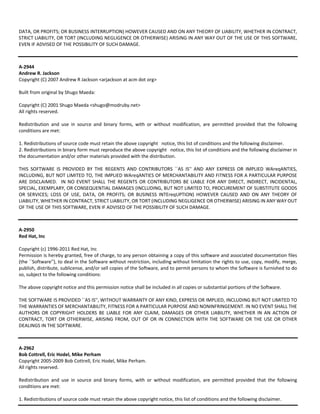 DATA, OR PROFITS; OR BUSINESS INTERRUPTION) HOWEVER CAUSED AND ON ANY THEORY OF LIABILITY, WHETHER IN CONTRACT, 
STRICT LIABILITY, OR TORT (INCLUDING NEGLIGENCE OR OTHERWISE) ARISING IN ANY WAY OUT OF THE USE OF THIS SOFTWARE, 
EVEN IF ADVISED OF THE POSSIBILITY OF SUCH DAMAGE. 
A‐2944 
Andrew R. Jackson 
Copyright (C) 2007 Andrew R Jackson <arjackson at acm dot org> 
Built from original by Shugo Maeda: 
Copyright (C) 2001 Shugo Maeda <shugo@modruby.net> 
All rights reserved. 
Redistribution and use in source and binary forms, with or without modification, are permitted provided that the following 
conditions are met: 
1. Redistributions of source code must retain the above copyright notice, this list of conditions and the following disclaimer. 
2. Redistributions in binary form must reproduce the above copyright notice, this list of conditions and the following disclaimer in 
the documentation and/or other materials provided with the distribution. 
THIS SOFTWARE IS PROVIDED BY THE REGENTS AND CONTRIBUTORS ``AS IS'' AND ANY EXPRESS OR IMPLIED WAreqANTIES, 
INCLUDING, BUT NOT LIMITED TO, THE IMPLIED WAreqANTIES OF MERCHANTABILITY AND FITNESS FOR A PARTICULAR PURPOSE 
ARE DISCLAIMED. IN NO EVENT SHALL THE REGENTS OR CONTRIBUTORS BE LIABLE FOR ANY DIRECT, INDIRECT, INCIDENTAL, 
SPECIAL, EXEMPLARY, OR CONSEQUENTIAL DAMAGES (INCLUDING, BUT NOT LIMITED TO, PROCUREMENT OF SUBSTITUTE GOODS 
OR SERVICES; LOSS OF USE, DATA, OR PROFITS; OR BUSINESS INTEreqUPTION) HOWEVER CAUSED AND ON ANY THEORY OF 
LIABILITY, WHETHER IN CONTRACT, STRICT LIABILITY, OR TORT (INCLUDING NEGLIGENCE OR OTHERWISE) ARISING IN ANY WAY OUT 
OF THE USE OF THIS SOFTWARE, EVEN IF ADVISED OF THE POSSIBILITY OF SUCH DAMAGE. 
A‐2950 
Red Hat, Inc 
Copyright (c) 1996‐2011 Red Hat, Inc 
Permission is hereby granted, free of charge, to any person obtaining a copy of this software and associated documentation files 
(the ``Software''), to deal in the Software without restriction, including without limitation the rights to use, copy, modify, merge, 
publish, distribute, sublicense, and/or sell copies of the Software, and to permit persons to whom the Software is furnished to do 
so, subject to the following conditions: 
The above copyright notice and this permission notice shall be included in all copies or substantial portions of the Software. 
THE SOFTWARE IS PROVIDED ``AS IS'', WITHOUT WARRANTY OF ANY KIND, EXPRESS OR IMPLIED, INCLUDING BUT NOT LIMITED TO 
THE WARRANTIES OF MERCHANTABILITY, FITNESS FOR A PARTICULAR PURPOSE AND NONINFRINGEMENT. IN NO EVENT SHALL THE 
AUTHORS OR COPYRIGHT HOLDERS BE LIABLE FOR ANY CLAIM, DAMAGES OR OTHER LIABILITY, WHETHER IN AN ACTION OF 
CONTRACT, TORT OR OTHERWISE, ARISING FROM, OUT OF OR IN CONNECTION WITH THE SOFTWARE OR THE USE OR OTHER 
DEALINGS IN THE SOFTWARE. 
A‐2962 
Bob Cottrell, Eric Hodel, Mike Perham 
Copyright 2005‐2009 Bob Cottrell, Eric Hodel, Mike Perham. 
All rights reserved. 
Redistribution and use in source and binary forms, with or without modification, are permitted provided that the following 
conditions are met: 
1. Redistributions of source code must retain the above copyright notice, this list of conditions and the following disclaimer. 
 