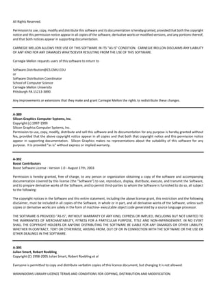 All Rights Reserved. 
Permission to use, copy, modify and distribute this software and its documentation is hereby granted, provided that both the copyright 
notice and this permission notice appear in all copies of the software, derivative works or modified versions, and any portions thereof, 
and that both notices appear in supporting documentation. 
CARNEGIE MELLON ALLOWS FREE USE OF THIS SOFTWARE IN ITS "AS IS" CONDITION. CARNEGIE MELLON DISCLAIMS ANY LIABILITY 
OF ANY KIND FOR ANY DAMAGES WHATSOEVER RESULTING FROM THE USE OF THIS SOFTWARE. 
Carnegie Mellon requests users of this software to return to 
Software.Distribution@CS.CMU.EDU 
or 
Software Distribution Coordinator 
School of Computer Science 
Carnegie Mellon University 
Pittsburgh PA 15213‐3890 
Any improvements or extensions that they make and grant Carnegie Mellon the rights to redistribute these changes. 
A‐389 
Silicon Graphics Computer Systems, Inc. 
Copyright (c) 1997‐1999 
Silicon Graphics Computer Systems, Inc. 
Permission to use, copy, modify, distribute and sell this software and its documentation for any purpose is hereby granted without 
fee, provided that the above copyright notice appear in all copies and that both that copyright notice and this permission notice 
appear in supporting documentation. Silicon Graphics makes no representations about the suitability of this software for any 
purpose. It is provided "as is" without express or implied warranty. 
A‐392 
Boost Contributors 
Boost Software License ‐ Version 1.0 ‐ August 17th, 2003 
Permission is hereby granted, free of charge, to any person or organization obtaining a copy of the software and accompanying 
documentation covered by this license (the "Software") to use, reproduce, display, distribute, execute, and transmit the Software, 
and to prepare derivative works of the Software, and to permit third‐parties to whom the Software is furnished to do so, all subject 
to the following: 
The copyright notices in the Software and this entire statement, including the above license grant, this restriction and the following 
disclaimer, must be included in all copies of the Software, in whole or in part, and all derivative works of the Software, unless such 
copies or derivative works are solely in the form of machine‐ executable object code generated by a source language processor. 
THE SOFTWARE IS PROVIDED "AS IS", WITHOUT WARRANTY OF ANY KIND, EXPRESS OR IMPLIED, INCLUDING BUT NOT LIMITED TO 
THE WARRANTIES OF MERCHANTABILITY, FITNESS FOR A PARTICULAR PURPOSE, TITLE AND NON‐INFRINGEMENT. IN NO EVENT 
SHALL THE COPYRIGHT HOLDERS OR ANYONE DISTRIBUTING THE SOFTWARE BE LIABLE FOR ANY DAMAGES OR OTHER LIABILITY, 
WHETHER IN CONTRACT, TORT OR OTHERWISE, ARISING FROM, OUT OF OR IN CONNECTION WITH THE SOFTWARE OR THE USE OR 
OTHER DEALINGS IN THE SOFTWARE. 
A‐395 
Julian Smart, Robert Roebling 
Copyright (C) 1998‐2005 Julian Smart, Robert Roebling et al 
Everyone is permitted to copy and distribute verbatim copies of this licence document, but changing it is not allowed. 
WXWINDOWS LIBRARY LICENCE TERMS AND CONDITIONS FOR COPYING, DISTRIBUTION AND MODIFICATION 
 