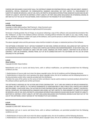 PURPOSE ARE DISCLAIMED. IN NO EVENT SHALL THE COPYRIGHT OWNER OR CONTRIBUTORS BE LIABLE FOR ANY DIRECT, INDIRECT, 
INCIDENTAL, SPECIAL, EXEMPLARY, OR CONSEQUENTIAL DAMAGES (INCLUDING, BUT NOT LIMITED TO, PROCUREMENT OF 
SUBSTITUTE GOODS OR SERVICES; LOSS OF USE, DATA, OR PROFITS; OR BUSINESS INTERRUPTION) HOWEVER CAUSED AND ON ANY 
THEORY OF LIABILITY, WHETHER IN CONTRACT, STRICT LIABILITY, OR TORT (INCLUDING NEGLIGENCE OR OTHERWISE) ARISING IN 
ANY WAY OUT OF THE USE OF THIS SOFTWARE, EVEN IF ADVISED OF THE POSSIBILITY OF SUCH DAMAGE. 
A‐3122 
Jonathan 'Wolf' Rentzsch 
Copyright (c) 2003‐2009 Jonathan 'Wolf' Rentzsch: <http://rentzsch.com> 
Some rights reserved: <http://opensource.org/licenses/mit‐license.php> 
Permission is hereby granted, free of charge, to any person obtaining a copy of this software and associated documentation files 
(the "Software"), to deal in the Software without restriction, including without limitation the rights to use, copy, modify, merge, 
publish, distribute, sublicense, and/or sell copies of the Software, and to permit persons to whom the Software is furnished to do 
so, subject to the following conditions: 
The above copyright notice and this permission notice shall be included in all copies or substantial portions of the Software. 
THE SOFTWARE IS PROVIDED "AS IS", WITHOUT WARRANTY OF ANY KIND, EXPRESS OR IMPLIED, INCLUDING BUT NOT LIMITED TO 
THE WARRANTIES OF MERCHANTABILITY, FITNESS FOR A PARTICULAR PURPOSE AND NONINFRINGEMENT. IN NO EVENT SHALL THE 
AUTHORS OR COPYRIGHT HOLDERS BE LIABLE FOR ANY CLAIM, DAMAGES OR OTHER LIABILITY, WHETHER IN AN ACTION OF 
CONTRACT, TORT OR OTHERWISE, ARISING FROM, OUT OF OR IN CONNECTION WITH THE SOFTWARE OR THE USE OR OTHER 
DEALINGS IN THE SOFTWARE. 
A‐3124 
Alexei Svitkine 
Copyright (C) 2010 Alexei Svitkine 
Redistribution and use in source and binary forms, with or without modification, are permitted provided that the following 
conditions are met: 
1. Redistributions of source code must retain the above copyright notice, this list of conditions and the following disclaimer. 
2. Redistributions in binary form must reproduce the above copyright notice, this list of conditions and the following disclaimer in 
the documentation and/or other materials provided with the distribution. 
3. Neither the name of the author nor the names of other contributors may be used to endorse or promote products derived from 
this software without specific prior written permission. 
THIS SOFTWARE IS PROVIDED BY THE AUTHOR AND OTHER CONTRIBUTORS ``AS IS'' AND ANY EXPRESS OR IMPLIED WARRANTIES, 
INCLUDING, BUT NOT LIMITED TO, THE IMPLIED WARRANTIES OF MERCHANTABILITY AND FITNESS FOR A PARTICULAR PURPOSE 
ARE DISCLAIMED. IN NO EVENT SHALL THE AUTHOR OR OTHER CONTRIBUTORS BE LIABLE FOR ANY DIRECT, INDIRECT, INCIDENTAL, 
SPECIAL, EXEMPLARY, OR CONSEQUENTIAL DAMAGES (INCLUDING, BUT NOT LIMITED TO, PROCUREMENT OF SUBSTITUTE GOODS 
OR SERVICES; LOSS OF USE, DATA, OR PROFITS; OR BUSINESS INTERRUPTION) HOWEVER CAUSED AND ON ANY THEORY OF LIABILITY, 
WHETHER IN CONTRACT, STRICT LIABILITY, OR TORT (INCLUDING NEGLIGENCE OR OTHERWISE) ARISING IN ANY WAY OUT OF THE 
USE OF THIS SOFTWARE, EVEN IF ADVISED OF THE POSSIBILITY OF SUCH DAMAGE. 
A‐3125 
Michael Urman 
Copyright (C) 2003‐2007 Michael Urman 
Redistribution and use in source and binary forms, with or without modification, are permitted provided that the following 
conditions are met: 
1. Redistributions of source code must retain the above copyright notice, this list of conditions and the following disclaimer. 
2. Redistributions in binary form must reproduce the above copyright notice, this list of conditions and the following disclaimer in 
 
