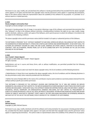 Permission to use, copy, modify, sell, and distribute this software is hereby granted without fee provided that the above copyright 
notice appears in all copies and that both that copyright notice and this permission notice appear in supporting documentation, 
None of the above authors make any representation about the suitability of this software for any purpose. It is provided "as is" 
without express or implied warranty. 
A‐3245 
Nicolas Gallagher and Jonathan Neal 
Copyright (c) Nicolas Gallagher and Jonathan Neal 
Permission is hereby granted, free of charge, to any person obtaining a copy of this software and associated documentation files 
(the "Software"), to deal in the Software without restriction, including without limitation the rights to use, copy, modify, merge, 
publish, distribute, sublicense, and/or sell copies of the Software, and to permit persons to whom the Software is furnished to do 
so, subject to the following conditions: 
The above copyright notice and this permission notice shall be included in all copies or substantial portions of the Software. 
THE SOFTWARE IS PROVIDED "AS IS", WITHOUT WARRANTY OF ANY KIND, EXPRESS OR IMPLIED, INCLUDING BUT NOT LIMITED TO 
THE WARRANTIES OF MERCHANTABILITY, FITNESS FOR A PARTICULAR PURPOSE AND NONINFRINGEMENT. IN NO EVENT SHALL THE 
AUTHORS OR COPYRIGHT HOLDERS BE LIABLE FOR ANY CLAIM, DAMAGES OR OTHER LIABILITY, WHETHER IN AN ACTION OF 
CONTRACT, TORT OR OTHERWISE, ARISING FROM, OUT OF OR IN CONNECTION WITH THE SOFTWARE OR THE USE OR OTHER 
DEALINGS IN THE SOFTWARE. 
A‐3260 
Henri Yandell + Robert Zigweid 
Copyright (c) 2003‐2008, Henri Yandell + Robert Zigweid 
All rights reserved. 
Redistribution and use in source and binary forms, with or without modification, are permitted provided that the following 
conditions are met: 
+ Redistributions of source code must retain the above copyright notice, this list of conditions and the following disclaimer. 
+ Redistributions in binary form must reproduce the above copyright notice, this list of conditions and the following disclaimer in 
the documentation and/or other materials provided with the distribution. 
+ Neither the name of Simple‐JNDI nor the names of its contributors may be used to endorse or promote products derived from this 
software without specific prior written permission. 
THIS SOFTWARE IS PROVIDED BY THE COPYRIGHT HOLDERS AND CONTRIBUTORS "AS IS" AND ANY EXPRESS OR IMPLIED 
WARRANTIES, INCLUDING, BUT NOT LIMITED TO, THE IMPLIED WARRANTIES OF MERCHANTABILITY AND FITNESS FOR A PARTICULAR 
PURPOSE ARE DISCLAIMED. IN NO EVENT SHALL THE COPYRIGHT OWNER OR CONTRIBUTORS BE LIABLE FOR ANY DIRECT, INDIRECT, 
INCIDENTAL, SPECIAL, EXEMPLARY, OR CONSEQUENTIAL DAMAGES (INCLUDING, BUT NOT LIMITED TO, PROCUREMENT OF 
SUBSTITUTE GOODS OR SERVICES; LOSS OF USE, DATA, OR PROFITS; OR BUSINESS INTERRUPTION) HOWEVER CAUSED AND ON ANY 
THEORY OF LIABILITY, WHETHER IN CONTRACT, STRICT LIABILITY, OR TORT (INCLUDING NEGLIGENCE OR OTHERWISE) ARISING IN 
ANY WAY OUT OF THE USE OF THIS SOFTWARE, EVEN IF ADVISED OF THE POSSIBILITY OF SUCH DAMAGE. 
A‐3265 
Michael Stevens 
Copyright (c) 2003. Michael Stevens 
Permission to use, copy, modify, distribute and sell this software and its documentation for any purpose is hereby granted without 
fee, provided that the above copyright notice appear in all copies and that both that copyright notice and this permission notice 
appear in supporting documentation. The authors make no representations about the suitability of this software for any purpose. 
 