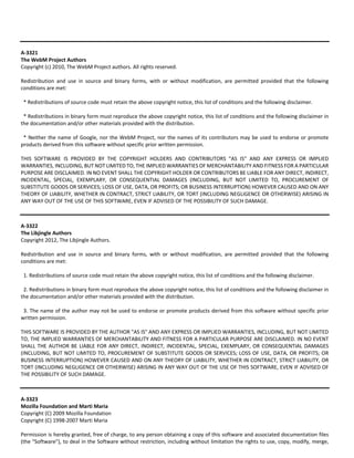 A‐3321 
The WebM Project Authors 
Copyright (c) 2010, The WebM Project authors. All rights reserved. 
Redistribution and use in source and binary forms, with or without modification, are permitted provided that the following 
conditions are met: 
* Redistributions of source code must retain the above copyright notice, this list of conditions and the following disclaimer. 
* Redistributions in binary form must reproduce the above copyright notice, this list of conditions and the following disclaimer in 
the documentation and/or other materials provided with the distribution. 
* Neither the name of Google, nor the WebM Project, nor the names of its contributors may be used to endorse or promote 
products derived from this software without specific prior written permission. 
THIS SOFTWARE IS PROVIDED BY THE COPYRIGHT HOLDERS AND CONTRIBUTORS "AS IS" AND ANY EXPRESS OR IMPLIED 
WARRANTIES, INCLUDING, BUT NOT LIMITED TO, THE IMPLIED WARRANTIES OF MERCHANTABILITY AND FITNESS FOR A PARTICULAR 
PURPOSE ARE DISCLAIMED. IN NO EVENT SHALL THE COPYRIGHT HOLDER OR CONTRIBUTORS BE LIABLE FOR ANY DIRECT, INDIRECT, 
INCIDENTAL, SPECIAL, EXEMPLARY, OR CONSEQUENTIAL DAMAGES (INCLUDING, BUT NOT LIMITED TO, PROCUREMENT OF 
SUBSTITUTE GOODS OR SERVICES; LOSS OF USE, DATA, OR PROFITS; OR BUSINESS INTERRUPTION) HOWEVER CAUSED AND ON ANY 
THEORY OF LIABILITY, WHETHER IN CONTRACT, STRICT LIABILITY, OR TORT (INCLUDING NEGLIGENCE OR OTHERWISE) ARISING IN 
ANY WAY OUT OF THE USE OF THIS SOFTWARE, EVEN IF ADVISED OF THE POSSIBILITY OF SUCH DAMAGE. 
A‐3322 
The Libjingle Authors 
Copyright 2012, The Libjingle Authors. 
Redistribution and use in source and binary forms, with or without modification, are permitted provided that the following 
conditions are met: 
1. Redistributions of source code must retain the above copyright notice, this list of conditions and the following disclaimer. 
2. Redistributions in binary form must reproduce the above copyright notice, this list of conditions and the following disclaimer in 
the documentation and/or other materials provided with the distribution. 
3. The name of the author may not be used to endorse or promote products derived from this software without specific prior 
written permission. 
THIS SOFTWARE IS PROVIDED BY THE AUTHOR "AS IS" AND ANY EXPRESS OR IMPLIED WARRANTIES, INCLUDING, BUT NOT LIMITED 
TO, THE IMPLIED WARRANTIES OF MERCHANTABILITY AND FITNESS FOR A PARTICULAR PURPOSE ARE DISCLAIMED. IN NO EVENT 
SHALL THE AUTHOR BE LIABLE FOR ANY DIRECT, INDIRECT, INCIDENTAL, SPECIAL, EXEMPLARY, OR CONSEQUENTIAL DAMAGES 
(INCLUDING, BUT NOT LIMITED TO, PROCUREMENT OF SUBSTITUTE GOODS OR SERVICES; LOSS OF USE, DATA, OR PROFITS; OR 
BUSINESS INTERRUPTION) HOWEVER CAUSED AND ON ANY THEORY OF LIABILITY, WHETHER IN CONTRACT, STRICT LIABILITY, OR 
TORT (INCLUDING NEGLIGENCE OR OTHERWISE) ARISING IN ANY WAY OUT OF THE USE OF THIS SOFTWARE, EVEN IF ADVISED OF 
THE POSSIBILITY OF SUCH DAMAGE. 
A‐3323 
Mozilla Foundation and Marti Maria 
Copyright (C) 2009 Mozilla Foundation 
Copyright (C) 1998‐2007 Marti Maria 
Permission is hereby granted, free of charge, to any person obtaining a copy of this software and associated documentation files 
(the "Software"), to deal in the Software without restriction, including without limitation the rights to use, copy, modify, merge, 
 