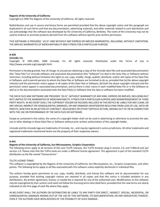 Regents of the University of California 
Copyright (c) 1990 The Regents of the University of California. All rights reserved. 
Redistribution and use in source and binary forms are permitted provided that the above copyright notice and this paragraph are 
duplicated in all such forms and that any documentation, advertising materials, and other materials related to such distribution and 
use acknowledge that the software was developed by the University of California, Berkeley. The name of the University may not be 
used to endorse or promote products derived from this software without specific prior written permission. 
THIS SOFTWARE IS PROVIDED ``AS IS'' AND WITHOUT ANY EXPRESS OR IMPLIED WARRANTIES, INCLUDING, WITHOUT LIMITATION, 
THE IMPLIED WARRANTIES OF MERCHANTABILITY AND FITNESS FOR A PARTICULAR PURPOSE. 
A‐439 
Unicode, Inc. 
Copyright © 1991‐2005, 2006 Unicode, Inc. All rights reserved. Distributed under the Terms of Use in 
http://www.unicode.org/copyright.html. 
Permission is hereby granted, free of charge, to any person obtaining a copy of the Unicode data files and associated documentation 
(the "Data Files") or Unicode software and associated documentation (the "Software") to deal in the Data Files or Software without 
restriction, including without limitation the rights to use, copy, modify, merge, publish, distribute, and/or sell copies of the Data Files 
or Software, and to permit persons to whom the Data Files or Software are furnished to do so, provided that (a) the above copyright 
notice(s) and this permission notice appear in all copies of the Data Files or Software, (b) both the above copyright notice(s) and this 
permission notice appear in associated documentation, and (c) there is clear notice in each modified Data File or in the Software as 
well as in the documentation associated with the Data File(s) or Software that the data or software has been modified. 
THE DATA FILES AND SOFTWARE ARE PROVIDED "AS IS", WITHOUT WARRANTY OF ANY KIND, EXPRESS OR IMPLIED, INCLUDING BUT 
NOT LIMITED TO THE WARRANTIES OF MERCHANTABILITY, FITNESS FOR A PARTICULAR PURPOSE AND NONINFRINGEMENT OF THIRD 
PARTY RIGHTS. IN NO EVENT SHALL THE COPYRIGHT HOLDER OR HOLDERS INCLUDED IN THIS NOTICE BE LIABLE FOR ANY CLAIM, OR 
ANY SPECIAL INDIRECT OR CONSEQUENTIAL DAMAGES, OR ANY DAMAGES WHATSOEVER RESULTING FROM LOSS OF USE, DATA OR 
PROFITS, WHETHER IN AN ACTION OF CONTRACT, NEGLIGENCE OR OTHER TORTIOUS ACTION, ARISING OUT OF OR IN CONNECTION 
WITH THE USE OR PERFORMANCE OF THE DATA FILES OR SOFTWARE. 
Except as contained in this notice, the name of a copyright holder shall not be used in advertising or otherwise to promote the sale, 
use or other dealings in these Data Files or Software without prior written authorization of the copyright holder. 
Unicode and the Unicode logo are trademarks of Unicode, Inc., and may be registered in some jurisdictions. All other trademarks and 
registered trademarks mentioned herein are the property of their respective owners. 
A‐441 
Regents of the University of California, Sun Microsystems, Scriptics Corporation 
The following terms apply to all versions of the core Tcl/Tk releases, the Tcl/Tk browser plug‐in version 2.0, and TclBlend and Jacl 
version 1.0. Please note that the TclPro tools are under a different license agreement. This agreement is part of the standard Tcl/Tk 
distribution as the file named "license.terms". 
TCL/TK LICENSE TERMS 
This software is copyrighted by the Regents of the University of California, Sun Microsystems, Inc., Scriptics Corporation, and other 
parties. The following terms apply to all files associated with the software unless explicitly disclaimed in individual files. 
The authors hereby grant permission to use, copy, modify, distribute, and license this software and its documentation for any 
purpose, provided that existing copyright notices are retained in all copies and that this notice is included verbatim in any 
distributions. No written agreement, license, or royalty fee is required for any of the authorized uses. Modifications to this software 
may be copyrighted by their authors and need not follow the licensing terms described here, provided that the new terms are clearly 
indicated on the first page of each file where they apply. 
IN NO EVENT SHALL THE AUTHORS OR DISTRIBUTORS BE LIABLE TO ANY PARTY FOR DIRECT, INDIRECT, SPECIAL, INCIDENTAL, OR 
CONSEQUENTIAL DAMAGES ARISING OUT OF THE USE OF THIS SOFTWARE, ITS DOCUMENTATION, OR ANY DERIVATIVES THEREOF, 
EVEN IF THE AUTHORS HAVE BEEN ADVISED OF THE POSSIBILITY OF SUCH DAMAGE. 
 