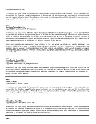 Copyright (c) Jeremy Siek 2000 
Permission to use, copy, modify, distribute and sell this software and its documentation for any purpose is hereby granted without 
fee, provided that the above copyright notice appears in all copies and that both that copyright notice and this permission notice 
appear in supporting documentation. Silicon Graphics makes no representations about the suitability of this software for any purpose. 
It is provided "as is" without express or implied warranty. 
A‐456 
OpenVision Technologies, Inc. 
Copyright 1993 by OpenVision Technologies, Inc. 
Permission to use, copy, modify, distribute, and sell this software and its documentation for any purpose is hereby granted without 
fee, provided that the above copyright notice appears in all copies and that both that copyright notice and this permission notice 
appear in supporting documentation, and that the name of OpenVision not be used in advertising or publicity pertaining to 
distribution of the software without specific, written prior permission. OpenVision makes no representations about the suitability of 
this software for any purpose. It is provided "as is" without express or implied warranty. 
OPENVISION DISCLAIMS ALL WARRANTIES WITH REGARD TO THIS SOFTWARE, INCLUDING ALL IMPLIED WARRANTIES OF 
MERCHANTABILITY AND FITNESS, IN NO EVENT SHALL OPENVISION BE LIABLE FOR ANY SPECIAL, INDIRECT OR CONSEQUENTIAL 
DAMAGES OR ANY DAMAGES WHATSOEVER RESULTING FROM LOSS OF USE, DATA OR PROFITS, WHETHER IN AN ACTION OF 
CONTRACT, NEGLIGENCE OR OTHER TORTIOUS ACTION, ARISING OUT OF OR IN CONNECTION WITH THE USE OR PERFORMANCE OF 
THIS SOFTWARE. 
A‐458 
Beman Dawes, Dietmar Kühl 
Copyright © 2002 Beman Dawes 
Copyright © 2001 Dietmar Kühl, All Rights Reserved 
Permission to use, copy, modify, distribute and sell this software for any purpose is hereby granted without fee, provided that the 
above copyright notice appears in all copies and that both that copyright notice and this permission notice appear in supporting 
documentation. The authors make no representations about the suitability of this software for any purpose. It is provided "as is" 
without express or implied warranty. 
A‐469 
William E. Kempf 
Copyright (C) 2001 William E. Kempf 
Permission to use, copy, modify, distribute and sell this software and its documentation for any purpose is hereby granted without 
fee, provided that the above copyright notice appear in all copies and that both that copyright notice and this permission notice 
appear in supporting documentation. William E. Kempf makes no representations about the suitability of this software for any 
purpose. It is provided "as is" without express or implied warranty. 
A‐463 
Cadenza New Zealand Ltd 
Copyright (c) 2000 Cadenza New Zealand Ltd 
Permission to use, copy, modify, distribute and sell this software and its documentation for any purpose is hereby granted without 
fee, provided that the above copyright notice appears in all copies and that both the copyright notice and this permission notice 
appear in supporting documentation. Cadenza New Zealand Ltd makes no representations about the suitability of this software for 
any purpose. It is provided "as is" without express or implied warranty. 
A‐464 
 