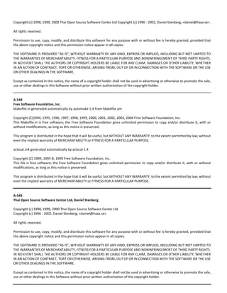 Copyright (c) 1998, 1999, 2000 Thai Open Source Software Center Ltd Copyright (c) 1996 ‐ 2002, Daniel Stenberg, <daniel@haxx.se>. 
All rights reserved. 
Permission to use, copy, modify, and distribute this software for any purpose with or without fee is hereby granted, provided that 
the above copyright notice and this permission notice appear in all copies. 
THE SOFTWARE IS PROVIDED "AS IS", WITHOUT WARRANTY OF ANY KIND, EXPRESS OR IMPLIED, INCLUDING BUT NOT LIMITED TO 
THE WARRANTIES OF MERCHANTABILITY, FITNESS FOR A PARTICULAR PURPOSE AND NONINFRINGEMENT OF THIRD PARTY RIGHTS. 
IN NO EVENT SHALL THE AUTHORS OR COPYRIGHT HOLDERS BE LIABLE FOR ANY CLAIM, DAMAGES OR OTHER LIABILITY, WHETHER 
IN AN ACTION OF CONTRACT, TORT OR OTHERWISE, ARISING FROM, OUT OF OR IN CONNECTION WITH THE SOFTWARE OR THE USE 
OR OTHER DEALINGS IN THE SOFTWARE. 
Except as contained in this notice, the name of a copyright holder shall not be used in advertising or otherwise to promote the sale, 
use or other dealings in this Software without prior written authorization of the copyright holder. 
A‐544 
Free Software Foundation, Inc. 
Makefile.in generated automatically by automake 1.4 from Makefile.am 
Copyright (C)1994, 1995, 1996, 1997, 1998, 1999, 2000, 2001, 2002, 2003, 2004 Free Software Foundation, Inc. 
This Makefile.in is free software; the Free Software Foundation gives unlimited permission to copy and/or distribute it, with or 
without modifications, as long as this notice is preserved. 
This program is distributed in the hope that it will be useful, but WITHOUT ANY WARRANTY, to the extent permitted by law; without 
even the implied warranty of MERCHANTABILITY or FITNESS FOR A PARTICULAR PURPOSE. 
aclocal.m4 generated automatically by aclocal 1.4 
Copyright (C) 1994, 1995‐8, 1999 Free Software Foundation, Inc. 
This file is free software; the Free Software Foundation gives unlimited permission to copy and/or distribute it, with or without 
modifications, as long as this notice is preserved. 
This program is distributed in the hope that it will be useful, but WITHOUT ANY WARRANTY, to the extent permitted by law; without 
even the implied warranty of MERCHANTABILITY or FITNESS FOR A PARTICULAR PURPOSE. 
A‐545 
Thai Open Source Software Center Ltd, Daniel Stenberg 
Copyright (c) 1998, 1999, 2000 Thai Open Source Software Center Ltd 
Copyright (c) 1996 ‐ 2002, Daniel Stenberg, <daniel@haxx.se>. 
All rights reserved. 
Permission to use, copy, modify, and distribute this software for any purpose with or without fee is hereby granted, provided that 
the above copyright notice and this permission notice appear in all copies. 
THE SOFTWARE IS PROVIDED "AS IS", WITHOUT WARRANTY OF ANY KIND, EXPRESS OR IMPLIED, INCLUDING BUT NOT LIMITED TO 
THE WARRANTIES OF MERCHANTABILITY, FITNESS FOR A PARTICULAR PURPOSE AND NONINFRINGEMENT OF THIRD PARTY RIGHTS. 
IN NO EVENT SHALL THE AUTHORS OR COPYRIGHT HOLDERS BE LIABLE FOR ANY CLAIM, DAMAGES OR OTHER LIABILITY, WHETHER 
IN AN ACTION OF CONTRACT, TORT OR OTHERWISE, ARISING FROM, OUT OF OR IN CONNECTION WITH THE SOFTWARE OR THE USE 
OR OTHER DEALINGS IN THE SOFTWARE. 
Except as contained in this notice, the name of a copyright holder shall not be used in advertising or otherwise to promote the sale, 
use or other dealings in this Software without prior written authorization of the copyright holder. 
 