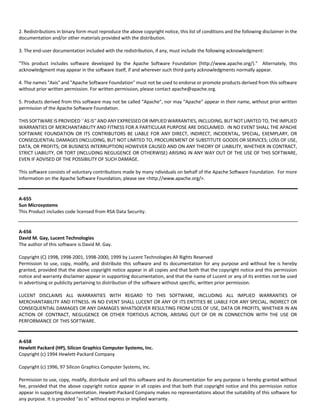 2. Redistributions in binary form must reproduce the above copyright notice, this list of conditions and the following disclaimer in the 
documentation and/or other materials provided with the distribution. 
3. The end‐user documentation included with the redistribution, if any, must include the following acknowledgment: 
"This product includes software developed by the Apache Software Foundation (http://www.apache.org/)." Alternately, this 
acknowledgment may appear in the software itself, if and wherever such third‐party acknowledgments normally appear. 
4. The names "Axis" and "Apache Software Foundation" must not be used to endorse or promote products derived from this software 
without prior written permission. For written permission, please contact apache@apache.org. 
5. Products derived from this software may not be called "Apache", nor may "Apache" appear in their name, without prior written 
permission of the Apache Software Foundation. 
THIS SOFTWARE IS PROVIDED ``AS IS'' AND ANY EXPRESSED OR IMPLIED WARRANTIES, INCLUDING, BUT NOT LIMITED TO, THE IMPLIED 
WARRANTIES OF MERCHANTABILITY AND FITNESS FOR A PARTICULAR PURPOSE ARE DISCLAIMED. IN NO EVENT SHALL THE APACHE 
SOFTWARE FOUNDATION OR ITS CONTRIBUTORS BE LIABLE FOR ANY DIRECT, INDIRECT, INCIDENTAL, SPECIAL, EXEMPLARY, OR 
CONSEQUENTIAL DAMAGES (INCLUDING, BUT NOT LIMITED TO, PROCUREMENT OF SUBSTITUTE GOODS OR SERVICES; LOSS OF USE, 
DATA, OR PROFITS; OR BUSINESS INTERRUPTION) HOWEVER CAUSED AND ON ANY THEORY OF LIABILITY, WHETHER IN CONTRACT, 
STRICT LIABILITY, OR TORT (INCLUDING NEGLIGENCE OR OTHERWISE) ARISING IN ANY WAY OUT OF THE USE OF THIS SOFTWARE, 
EVEN IF ADVISED OF THE POSSIBILITY OF SUCH DAMAGE. 
This software consists of voluntary contributions made by many ndividuals on behalf of the Apache Software Foundation. For more 
information on the Apache Software Foundation, please see <http://www.apache.org/>. 
A‐655 
Sun Microsystems 
This Product includes code licensed from RSA Data Security. 
A‐656 
David M. Gay, Lucent Technologies 
The author of this software is David M. Gay. 
Copyright (C) 1998, 1998‐2001, 1998‐2000, 1999 by Lucent Technologies All Rights Reserved 
Permission to use, copy, modify, and distribute this software and its documentation for any purpose and without fee is hereby 
granted, provided that the above copyright notice appear in all copies and that both that the copyright notice and this permission 
notice and warranty disclaimer appear in supporting documentation, and that the name of Lucent or any of its entities not be used 
in advertising or publicity pertaining to distribution of the software without specific, written prior permission. 
LUCENT DISCLAIMS ALL WARRANTIES WITH REGARD TO THIS SOFTWARE, INCLUDING ALL IMPLIED WARRANTIES OF 
MERCHANTABILITY AND FITNESS. IN NO EVENT SHALL LUCENT OR ANY OF ITS ENTITIES BE LIABLE FOR ANY SPECIAL, INDIRECT OR 
CONSEQUENTIAL DAMAGES OR ANY DAMAGES WHATSOEVER RESULTING FROM LOSS OF USE, DATA OR PROFITS, WHETHER IN AN 
ACTION OF CONTRACT, NEGLIGENCE OR OTHER TORTIOUS ACTION, ARISING OUT OF OR IN CONNECTION WITH THE USE OR 
PERFORMANCE OF THIS SOFTWARE. 
A‐658 
Hewlett Packard (HP), Silicon Graphics Computer Systems, Inc. 
Copyright (c) 1994 Hewlett‐Packard Company 
Copyright (c) 1996, 97 Silicon Graphics Computer Systems, Inc. 
Permission to use, copy, modify, distribute and sell this software and its documentation for any purpose is hereby granted without 
fee, provided that the above copyright notice appear in all copies and that both that copyright notice and this permission notice 
appear in supporting documentation. Hewlett‐Packard Company makes no representations about the suitability of this software for 
any purpose. It is provided "as is" without express or implied warranty. 
 