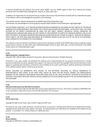 4. Products derived from this software may not be called "JDOM", nor may "JDOM" appear in their name, without prior written 
permission from the JDOM Project Management <request_AT_jdom_DOT_org>. 
In addition, we request (but do not require) that you include in the end‐user documentation provided with the redistribution and/or 
in the software itself an acknowledgement equivalent to the following: 
"This product includes software developed by the JDOM Project (http://www.jdom.org/)." 
Alternatively, the acknowledgment may be graphical using the logos available at http://www.jdom.org/images/logos. 
THIS SOFTWARE IS PROVIDED ``AS IS'' AND ANY EXPRESSED OR IMPLIED WARRANTIES, INCLUDING, BUT NOT LIMITED TO, THE IMPLIED 
WARRANTIES OF MERCHANTABILITY AND FITNESS FOR A PARTICULAR PURPOSE ARE DISCLAIMED. IN NO EVENT SHALL THE JDOM 
AUTHORS OR THE PROJECT CONTRIBUTORS BE LIABLE FOR ANY DIRECT, INDIRECT, INCIDENTAL, SPECIAL, EXEMPLARY, OR 
CONSEQUENTIAL DAMAGES (INCLUDING, BUT NOT LIMITED TO, PROCUREMENT OF SUBSTITUTE GOODS OR SERVICES; LOSS OF USE, 
DATA, OR PROFITS; OR BUSINESS INTERRUPTION) HOWEVER CAUSED AND ON ANY THEORY OF LIABILITY, WHETHER IN CONTRACT, 
STRICT LIABILITY, OR TORT (INCLUDING NEGLIGENCE OR OTHERWISE) ARISING IN ANY WAY OUT OF THE USE OF THIS SOFTWARE, 
EVEN IF ADVISED OF THE POSSIBILITY OF SUCH DAMAGE. 
This software consists of voluntary contributions made by many individuals on behalf of the JDOM Project and was originally created 
by Jason Hunter <jhunter_AT_jdom_DOT_org> and Brett McLaughlin <brett_AT_jdom_DOT_org>. For more information on the JDOM 
Project, please see <http://www.jdom.org/>. 
A‐713 
Digital Equipment, Copyright Notice 
Copyright 1987, 1991 by Digital Equipment Corporation, Maynard, Massachusetts. All Rights Reserved 
Permission to use, copy, modify, and distribute this software and its documentation for any purpose and without fee is hereby 
granted, provided that the above copyright notice appear in all copies and that both that copyright notice and this permission notice 
appear in supporting documentation, and that the name of Digital not be used in advertising or publicity pertaining to distribution 
of the software without specific, written prior permission. 
DIGITAL DISCLAIMS ALL WARRANTIES WITH REGARD TO THIS SOFTWARE, INCLUDING ALL IMPLIED WARRANTIES OF 
MERCHANTABILITY AND FITNESS, IN NO EVENT SHALL DIGITAL BE LIABLE FOR ANY SPECIAL, INDIRECT OR CONSEQUENTIAL 
DAMAGES OR ANY DAMAGES WHATSOEVER RESULTING FROM LOSS OF USE, DATA OR PROFITS, WHETHER IN AN ACTION OF 
CONTRACT, NEGLIGENCE OR OTHER TORTIOUS ACTION, ARISING OUT OF OR IN CONNECTION WITH THE USE OR PERFORMANCE OF 
THIS SOFTWARE. 
A‐722 
Advanced Authoring Format SDK (AAF) Contributors 
Portions may be licensed under the AAF SDK Public Source License Agreement (“License”). The License is available in AAFSDKPSL.TXT, 
or you may obtain a copy of the License from the AAF Association or its successor. 
A‐723 
Erik de Castro Lopo 
Copyright (C) 2001 Erik de Castro Lopo <erikd AT mega‐nerd DOT com> 
Permission to use, copy, modify, distribute, and sell this file for any purpose is hereby granted without fee, provided that the above 
copyright and this permission notice appear in all copies. No representations are made about the suitability of this software for any 
purpose. It is provided "as is" without express or implied warranty.” 
A‐729 
Ronan Collobert 
Copyright (C) 2003 Ronan Collobert (collober@idiap.ch) 
 