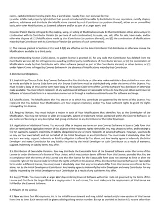 claims, each Contributor hereby grants You a world‐wide, royalty‐free, non‐exclusive license: 
(a) under intellectual property rights (other than patent or trademark) Licensable by Contributor to use, reproduce, modify, display, 
perform, sublicense and distribute the Modifications created by such Contributor (or portions thereof), either on an unmodified 
basis, with other Modifications, as Covered Software and/or as part of a Larger Work; and 
(b) under Patent Claims infringed by the making, using, or selling of Modifications made by that Contributor either alone and/or in 
combination with its Contributor Version (or portions of such combination), to make, use, sell, offer for sale, have made, and/or 
otherwise dispose of: (1) Modifications made by that Contributor (or portions thereof); and (2) the combination of Modifications 
made by that Contributor with its Contributor Version (or portions of such combination). 
(c) The licenses granted in Sections 2.2(a) and 2.2(b) are effective on the date Contributor first distributes or otherwise makes the 
Modifications available to a third party. 
(d) Notwithstanding Section 2.2(b) above, no patent license is granted: (1) for any code that Contributor has deleted from the 
Contributor Version; (2) for infringements caused by: (i) third party modifications of Contributor Version, or (ii) the combination of 
Modifications made by that Contributor with other software (except as part of the Contributor Version) or other devices; or (3) 
under Patent Claims infringed by Covered Software in the absence of Modifications made by that Contributor. 
3. Distribution Obligations. 
3.1. Availability of Source Code. Any Covered Software that You distribute or otherwise make available in Executable form must also 
be made available in Source Code form and that Source Code form must be distributed only under the terms of this License. You 
must include a copy of this License with every copy of the Source Code form of the Covered Software You distribute or otherwise 
make available. You must inform recipients of any such Covered Software in Executable form as to how they can obtain such Covered 
Software in Source Code form in a reasonable manner on or through a medium customarily used for software exchange. 
3.2. Modifications. The Modifications that You create or to which You contribute are governed by the terms of this License. You 
represent that You believe Your Modifications are Your original creation(s) and/or You have sufficient rights to grant the rights 
conveyed by this License. 
3.3. Required Notices. You must include a notice in each of Your Modifications that identifies You as the Contributor of the 
Modification. You may not remove or alter any copyright, patent or trademark notices contained within the Covered Software, or 
any notices of licensing or any descriptive text giving attribution to any Contributor or the Initial Developer. 
3.4. Application of Additional Terms. You may not offer or impose any terms on any Covered Software in Source Code form that 
alters or restricts the applicable version of this License or the recipients rights hereunder. You may choose to offer, and to charge a 
fee for, warranty, support, indemnity or liability obligations to one or more recipients of Covered Software. However, you may do 
so only on Your own behalf, and not on behalf of the Initial Developer or any Contributor. You must make it absolutely clear that 
any such warranty, support, indemnity or liability obligation is offered by You alone, and You hereby agree to indemnify the Initial 
Developer and every Contributor for any liability incurred by the Initial Developer or such Contributor as a result of warranty, 
support, indemnity or liability terms You offer. 
3.5. Distribution of Executable Versions. You may distribute the Executable form of the Covered Software under the terms of this 
License or under the terms of a license of Your choice, which may contain terms different from this License, provided that You are 
in compliance with the terms of this License and that the license for the Executable form does not attempt to limit or alter the 
recipients rights in the Source Code form from the rights set forth in this License. If You distribute the Covered Software in Executable 
form under a different license, You must make it absolutely clear that any terms which differ from this License are offered by You 
alone, not by the Initial Developer or Contributor. You hereby agree to indemnify the Initial Developer and every Contributor for any 
liability incurred by the Initial Developer or such Contributor as a result of any such terms You offer. 
3.6. Larger Works. You may create a Larger Work by combining Covered Software with other code not governed by the terms of this 
License and distribute the Larger Work as a single product. In such a case, You must make sure the requirements of this License are 
fulfilled for the Covered Software. 
4. Versions of the License. 
4.1. New Versions. Sun Microsystems, Inc. is the initial license steward and may publish revised and/or new versions of this License 
from time to time. Each version will be given a distinguishing version number. Except as provided in Section 4.3, no one other than 
 