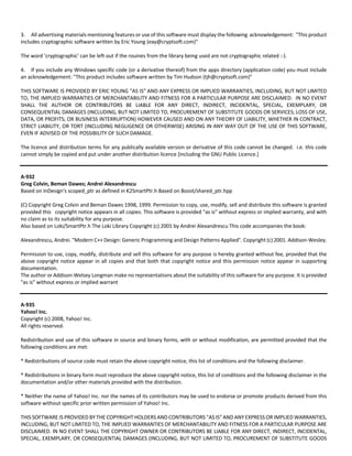 3. All advertising materials mentioning features or use of this software must display the following acknowledgement: "This product 
includes cryptographic software written by Eric Young (eay@cryptsoft.com)" 
The word 'cryptographic' can be left out if the rouines from the library being used are not cryptographic related :‐). 
4. If you include any Windows specific code (or a derivative thereof) from the apps directory (application code) you must include 
an acknowledgement: "This product includes software written by Tim Hudson (tjh@cryptsoft.com)" 
THIS SOFTWARE IS PROVIDED BY ERIC YOUNG "AS IS" AND ANY EXPRESS OR IMPLIED WARRANTIES, INCLUDING, BUT NOT LIMITED 
TO, THE IMPLIED WARRANTIES OF MERCHANTABILITY AND FITNESS FOR A PARTICULAR PURPOSE ARE DISCLAIMED. IN NO EVENT 
SHALL THE AUTHOR OR CONTRIBUTORS BE LIABLE FOR ANY DIRECT, INDIRECT, INCIDENTAL, SPECIAL, EXEMPLARY, OR 
CONSEQUENTIAL DAMAGES (INCLUDING, BUT NOT LIMITED TO, PROCUREMENT OF SUBSTITUTE GOODS OR SERVICES; LOSS OF USE, 
DATA, OR PROFITS; OR BUSINESS INTERRUPTION) HOWEVER CAUSED AND ON ANY THEORY OF LIABILITY, WHETHER IN CONTRACT, 
STRICT LIABILITY, OR TORT (INCLUDING NEGLIGENCE OR OTHERWISE) ARISING IN ANY WAY OUT OF THE USE OF THIS SOFTWARE, 
EVEN IF ADVISED OF THE POSSIBILITY OF SUCH DAMAGE. 
The licence and distribution terms for any publically available version or derivative of this code cannot be changed. i.e. this code 
cannot simply be copied and put under another distribution licence [including the GNU Public Licence.] 
A‐932 
Greg Colvin, Beman Dawes; Andrei Alexandrescu 
Based on InDesign's scoped_ptr as defined in K2SmartPtr.h Based on Boost/shared_ptr.hpp 
(C) Copyright Greg Colvin and Beman Dawes 1998, 1999. Permission to copy, use, modify, sell and distribute this software is granted 
provided this copyright notice appears in all copies. This software is provided "as is" without express or implied warranty, and with 
no claim as to its suitability for any purpose. 
Also based on Loki/SmartPtr.h The Loki Library Copyright (c) 2001 by Andrei Alexandrescu This code accompanies the book: 
Alexandrescu, Andrei. "Modern C++ Design: Generic Programming and Design Patterns Applied". Copyright (c) 2001. Addison‐Wesley. 
Permission to use, copy, modify, distribute and sell this software for any purpose is hereby granted without fee, provided that the 
above copyright notice appear in all copies and that both that copyright notice and this permission notice appear in supporting 
documentation. 
The author or Addison‐Welsey Longman make no representations about the suitability of this software for any purpose. It is provided 
"as is" without express or implied warrant 
A‐935 
Yahoo! Inc. 
Copyright (c) 2008, Yahoo! Inc. 
All rights reserved. 
Redistribution and use of this software in source and binary forms, with or without modification, are permitted provided that the 
following conditions are met: 
* Redistributions of source code must retain the above copyright notice, this list of conditions and the following disclaimer. 
* Redistributions in binary form must reproduce the above copyright notice, this list of conditions and the following disclaimer in the 
documentation and/or other materials provided with the distribution. 
* Neither the name of Yahoo! Inc. nor the names of its contributors may be used to endorse or promote products derived from this 
software without specific prior written permission of Yahoo! Inc. 
THIS SOFTWARE IS PROVIDED BY THE COPYRIGHT HOLDERS AND CONTRIBUTORS "AS IS" AND ANY EXPRESS OR IMPLIED WARRANTIES, 
INCLUDING, BUT NOT LIMITED TO, THE IMPLIED WARRANTIES OF MERCHANTABILITY AND FITNESS FOR A PARTICULAR PURPOSE ARE 
DISCLAIMED. IN NO EVENT SHALL THE COPYRIGHT OWNER OR CONTRIBUTORS BE LIABLE FOR ANY DIRECT, INDIRECT, INCIDENTAL, 
SPECIAL, EXEMPLARY, OR CONSEQUENTIAL DAMAGES (INCLUDING, BUT NOT LIMITED TO, PROCUREMENT OF SUBSTITUTE GOODS 
 
