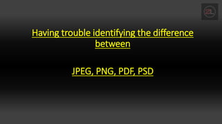 Having trouble identifying the difference
between
JPEG, PNG, PDF, PSD
 