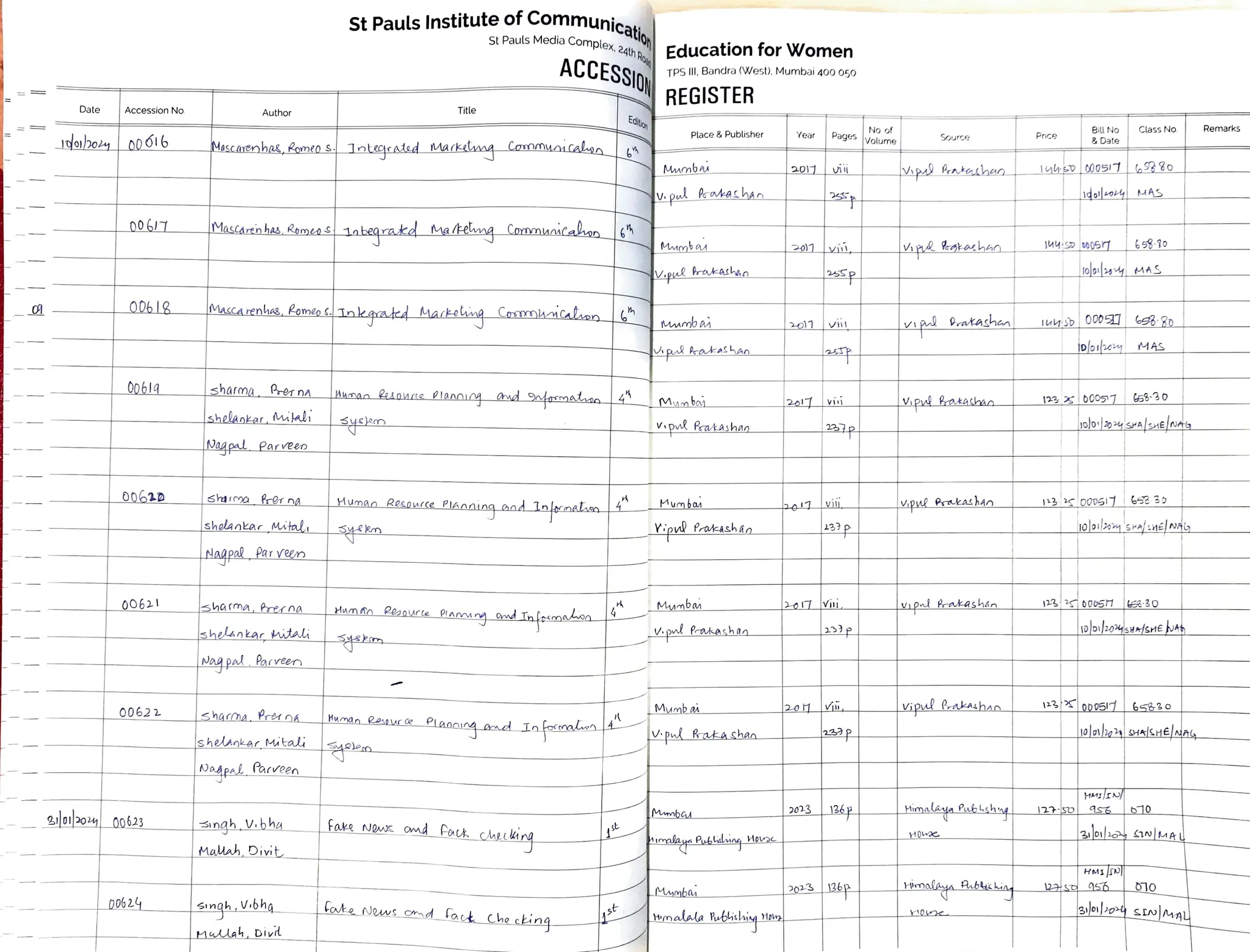 Format of the Accession Register for library PPT