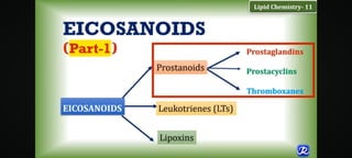 EICOSANOIDS
(Part-I)
Prostanoids t.&-- -
EICOSANOIDS Leukotrienes (LTs)
Lipoxins
Lipid Chemistry- 11
Prostaglandins
Prostacyclins
Thromboxanes
 