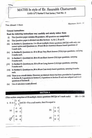 Maths Test Paper For Class 12 Board Exam | PDF