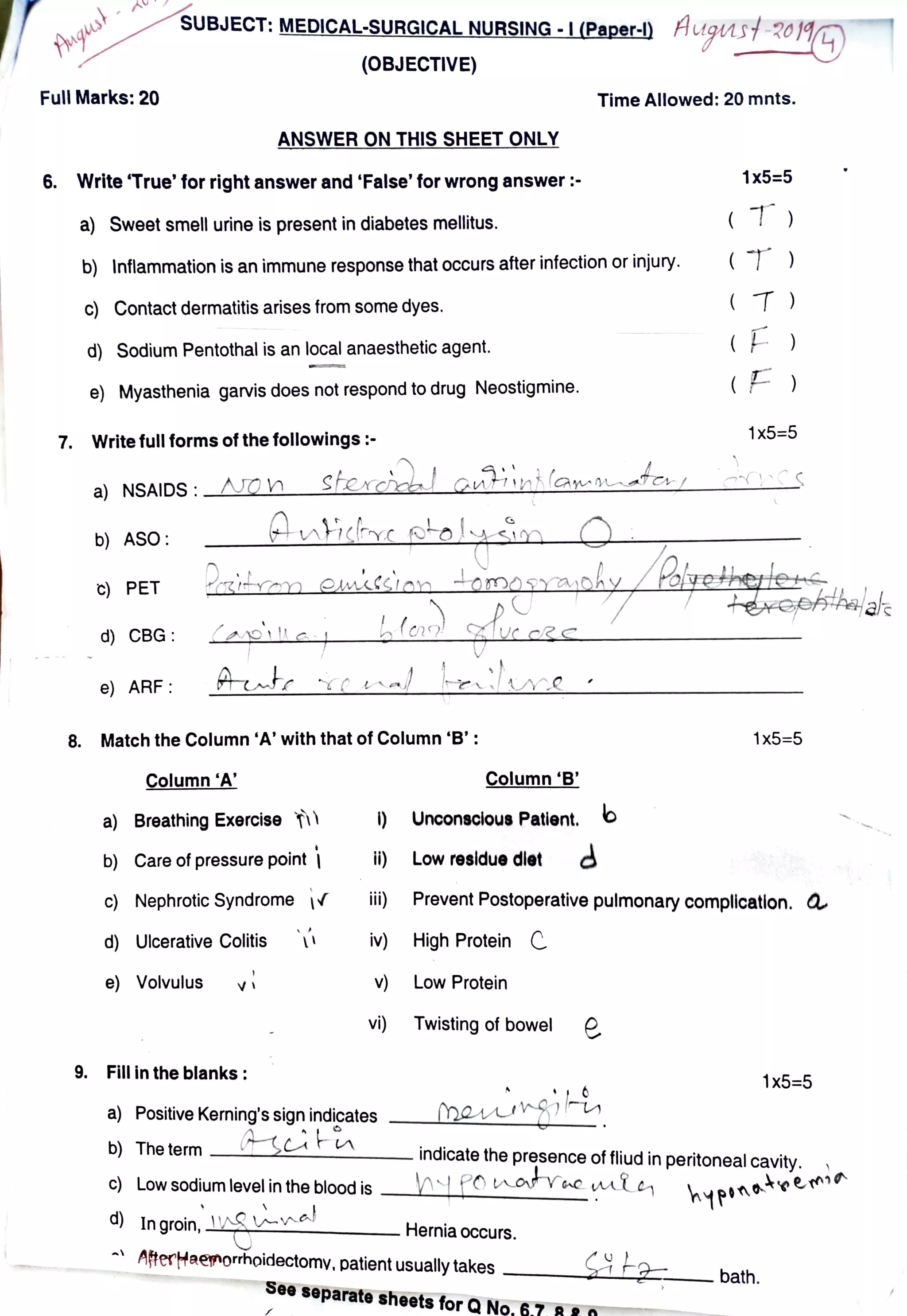 Medical surgical nursing 1 short question PDF