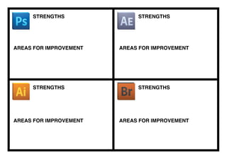 STRENGTHS
STRENGTHS STRENGTHS
STRENGTHS
AREAS FOR IMPROVEMENT
AREAS FOR IMPROVEMENT AREAS FOR IMPROVEMENT
AREAS FOR IMPROVEMENT
I know my way around the program very well which
means I can do any basic - intermediate tasks quite
easily. I've had a couple of years experience on the
program so I have a good knowledge of what the
program can do.
I feel that I need to practice using the Filter tab in Photoshop I only
use a few ﬁlters out of the many it offers and so I could beneﬁt from
learning all the different things it can do. I also could improve on
the animation side of Photoshop I have had little experience in
that area.
I know the difference between images that are
made up of vectors and images made up of pixels
which helps me understand how the program
works. I understand anchor points, handles etc.
really well, as well as using the live paint and live
trace tools
There are a lot of tools that I do not know how to use which could
beneﬁt me. I would like to improve on using the brush tool with the
Wacom Bamboo tablet to make free hand line art in vector format.
I understand keyframes and how they work really
well which helps when animating. I have had
previous experience in After Effects which means I
know my way around quite well. I know how to
motion track quite well which helps a lot.
I need to learn more about 3D layers as im not 100% conﬁdent
with them. Also, I need to use more types of effects as there are
so many that I do not use. I also need to learn more about
scripting in After Effects as "wiggle" is the only command I know.
I know how to make spread sheets with groups of
photos and make them into PDF ﬁle really easily
There isnt a lot more I know about Bridge apart from making
photo spread sheets, so it would be beneﬁcal to learn what else
Bridge as to offer.
 