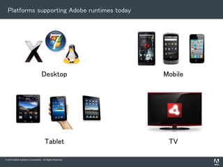 © 2010 Adobe Systems Incorporated. All Rights Reserved.
Platforms supporting Adobe runtimes today
Desktop Mobile
Tablet TV
 