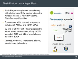 © 2010 Adobe Systems Incorporated. All Rights Reserved.
Flash Platform advantage: Reach
 Flash Player work planned or underway
with platform and OEM partners including
Windows Phone 7, Palm/HP webOS,
BlackBerry and Symbian.
 Support on a wide range of processors
including all ARMv7 and NEON CPUs
 By end of 2010, Flash Player projected to
be on 10% of smartphones, rising to 35%
by end of 2011 and 53% of smartphones
by end of 2012*
 Desktop, netbooks, smartbooks, tablets,
smartphones, televisions...
Source: Strategy Analytics smartphone forecast (January 2010) and Adobe adoption estimates
 