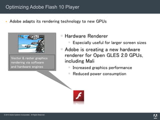 © 2010 Adobe Systems Incorporated. All Rights Reserved.
 Adobe adapts its rendering technology to new GPUs
Optimizing Adobe Flash 10 Player
 Hardware Renderer
 Especially useful for larger screen sizes
 Adobe is creating a new hardware
renderer for Open GLES 2.0 GPUs,
including Mali
 Increased graphics performance
 Reduced power consumption
Vector & raster graphics
rendering via software
and hardware engines
 