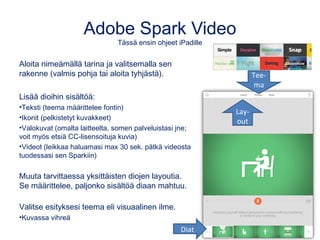 Adobe Spark Video
Tässä ensin ohjeet iPadille
Aloita nimeämällä tarina ja valitsemalla sen
rakenne (valmis pohja tai aloita tyhjästä).
Lisää dioihin sisältöä:
•Teksti (teema määrittelee fontin)
•Ikonit (pelkistetyt kuvakkeet)
•Valokuvat (omalta laitteelta, somen palveluistasi jne;
voit myös etsiä CC-lisensoituja kuvia)
•Videot (leikkaa haluamasi max 30 sek. pätkä videosta
tuodessasi sen Sparkiin)
Muuta tarvittaessa yksittäisten diojen layoutia.
Se määrittelee, paljonko sisältöä diaan mahtuu.
Valitse esityksesi teema eli visuaalinen ilme.
•Kuvassa vihreä
Diat
Tee-
ma
Lay-
out
 