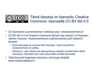 • CC-lisenssien suomenkielinen verkkosivusto: creativecommons.fi
• CC BY-SA 4.0 eli Creative Commons Nimeä-Jaa samoin 4.0 Kansain-
välinen -lisenssi: creativecommons.org/licenses/by-sa/4.0/deed.fi
lyhyesti:
– Sinä saat jakaa ja muuntaa tätä diasarjaa, myös kaupallinen
hyödyntäminen on sallittu.
– Ehtona on, että viittaat aina alkuperäiseen tekijään ja lisäät linkin tähän
diasarjaan. Muokattu teos tulee jakaa tällä samalla lisenssillä.
• Tätä lisenssiä laajempia oikeuksia voit kysyä tekijältä:
www.matleenalaakso.fi
Tämä diasarja on lisensoitu Creative
Commons -lisenssillä CC BY-SA 4.0
 