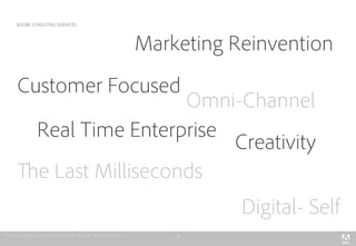 3
ADOBE CONSUTING SERIVICES
Marketing Reinvention
Customer Focused
Real Time Enterprise
Creativity
Omni-Channel
The Last Milliseconds
Digital- Self
 