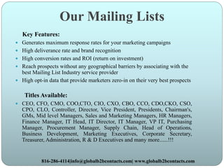 Our Mailing Lists
Key Features:
 Generates maximum response rates for your marketing campaigns
 High deliverance rate and brand recognition
 High conversion rates and ROI (return on investment)
 Reach prospects without any geographical barriers by associating with the
best Mailing List Industry service provider
 High opt-in data that provide marketers zero-in on their very best prospects
Titles Available:
 CEO, CFO, CMO, COO,CTO, CIO, CXO, CBO, CCO, CDO,CKO, CSO,
CPO, CLO, Controller, Director, Vice President, Presidents, Chairman's,
GMs, Mid level Managers, Sales and Marketing Managers, HR Managers,
Finance Manager, IT Head, IT Director, IT Manager, VP IT, Purchasing
Manager, Procurement Manager, Supply Chain, Head of Operations,
Business Development, Marketing Executives, Corporate Secretary,
Treasurer, Administration, R & D Executives and many more......!!!
816-286-4114|info@globalb2bcontacts.com| www.globalb2bcontacts.com
 