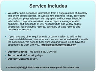 Service Includes
 We gather all in sequence information from a huge number of directory
and event-driven sources, as well as new business filings, daily utility
associations, press releases, demographic and business financial
information, corporate websites, annual reports, user-generated
comment, and thousands of U.S national white and yellow pages
directories, federal public records, secretary of state records and
hundreds of vendors.
 If you have any other requirements or custom select to add to the
mentioned databases, please let us know and we would assist you with
the acquisition. We hope to hear from you and would like to have the
opportunity to work with you, info@globalb2bcontacts.com
 Delivery Method: MS Excel File, CSV File
 Turnaround: 4-5 working days
 Delivery Guarantee: 95%
816-286-4114|info@globalb2bcontacts.com| www.globalb2bcontacts.com
 