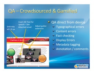 !   QA	
  direct	
  from	
  device	
  
!   Typographical	
  errors	
  
!   Content	
  errors	
  	
  
!   Fact	
  checking	
  
!   Display	
  Errors	
  
!   Metadata	
  tagging	
  
!   Annota/on	
  /	
  comments	
  
ShiX	
  /tle	
  
leX	
  20	
  px	
  
Adjust	
  guaer	
  
extension	
  
Insert	
  Alt	
  Text	
  for	
  
speech	
  –	
  See	
  
Aaached	
  email	
  
 
