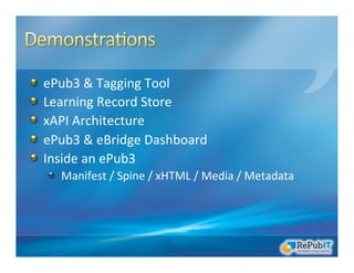 !   ePub3	
  &	
  Tagging	
  Tool	
  
!   Learning	
  Record	
  Store	
  
! xAPI	
  Architecture	
  
!   ePub3	
  &	
  eBridge	
  Dashboard	
  
!   Inside	
  an	
  ePub3	
  
!   Manifest	
  /	
  Spine	
  /	
  xHTML	
  /	
  Media	
  /	
  Metadata	
  
 