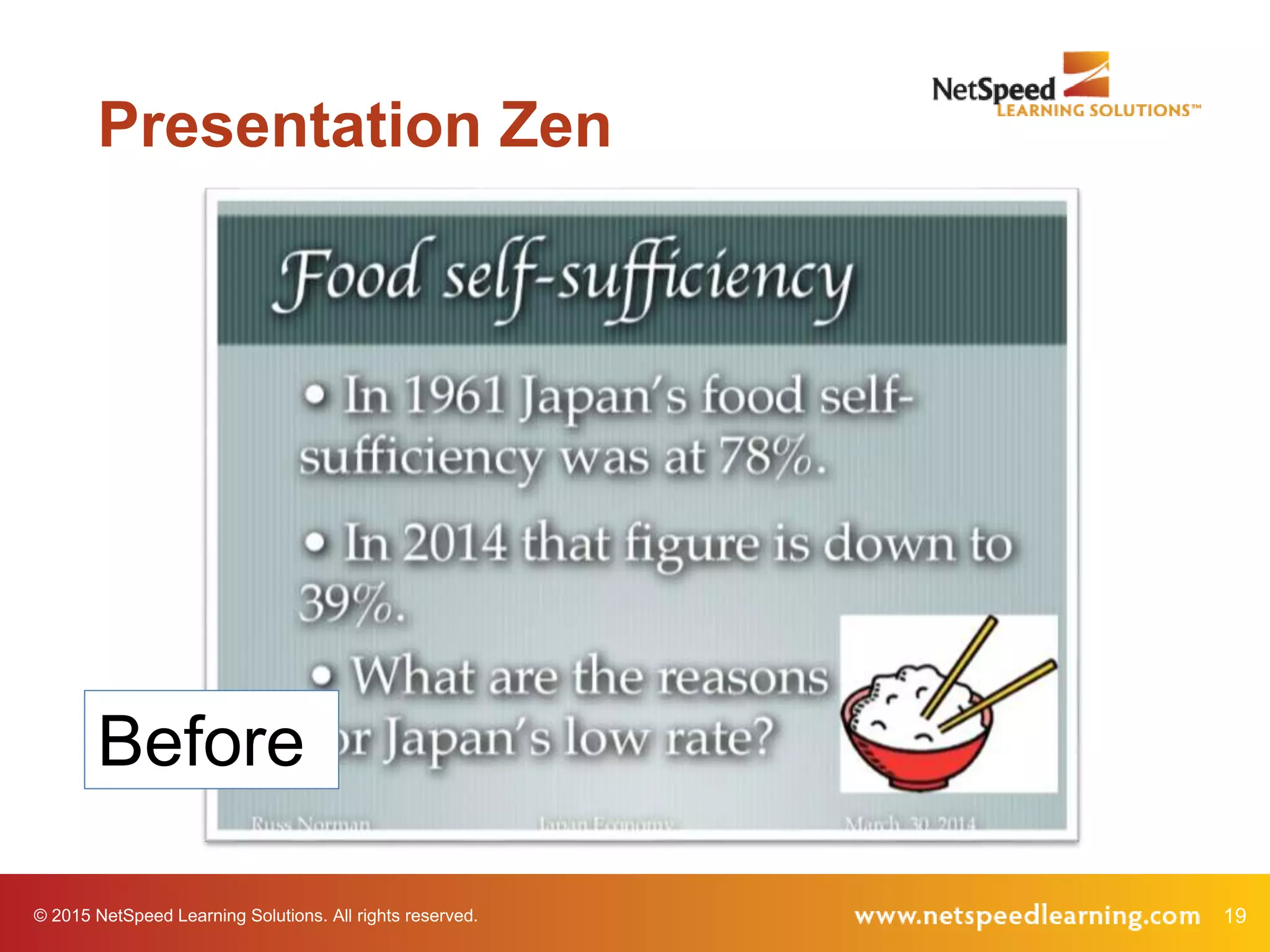 19© 2015 NetSpeed Learning Solutions. All rights reserved.
Presentation Zen
Before
 