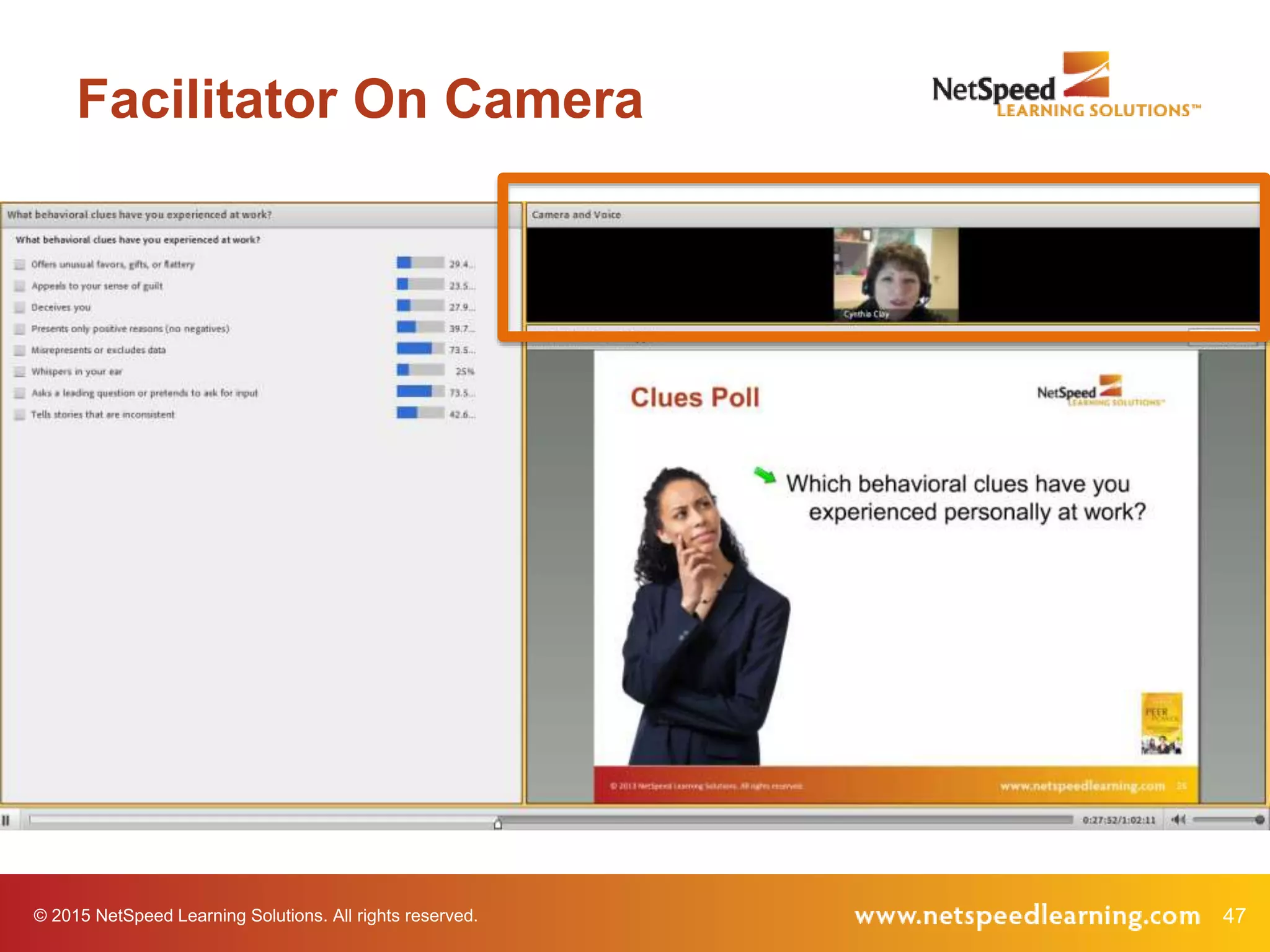 © 2015 NetSpeed Learning Solutions. All rights reserved. 47
Facilitator On Camera
 
